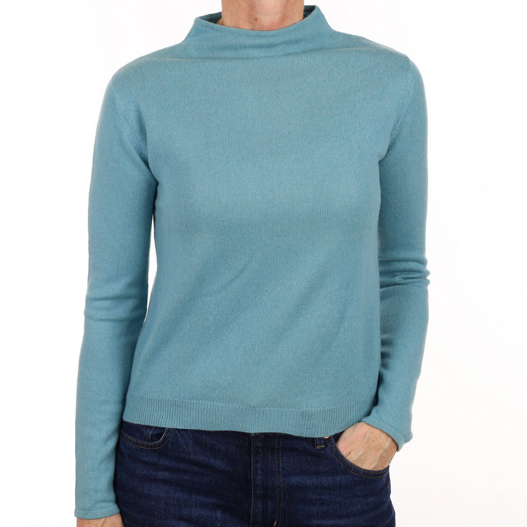 Dusky Aqua Cashmere Funnel Neck Jumper Small