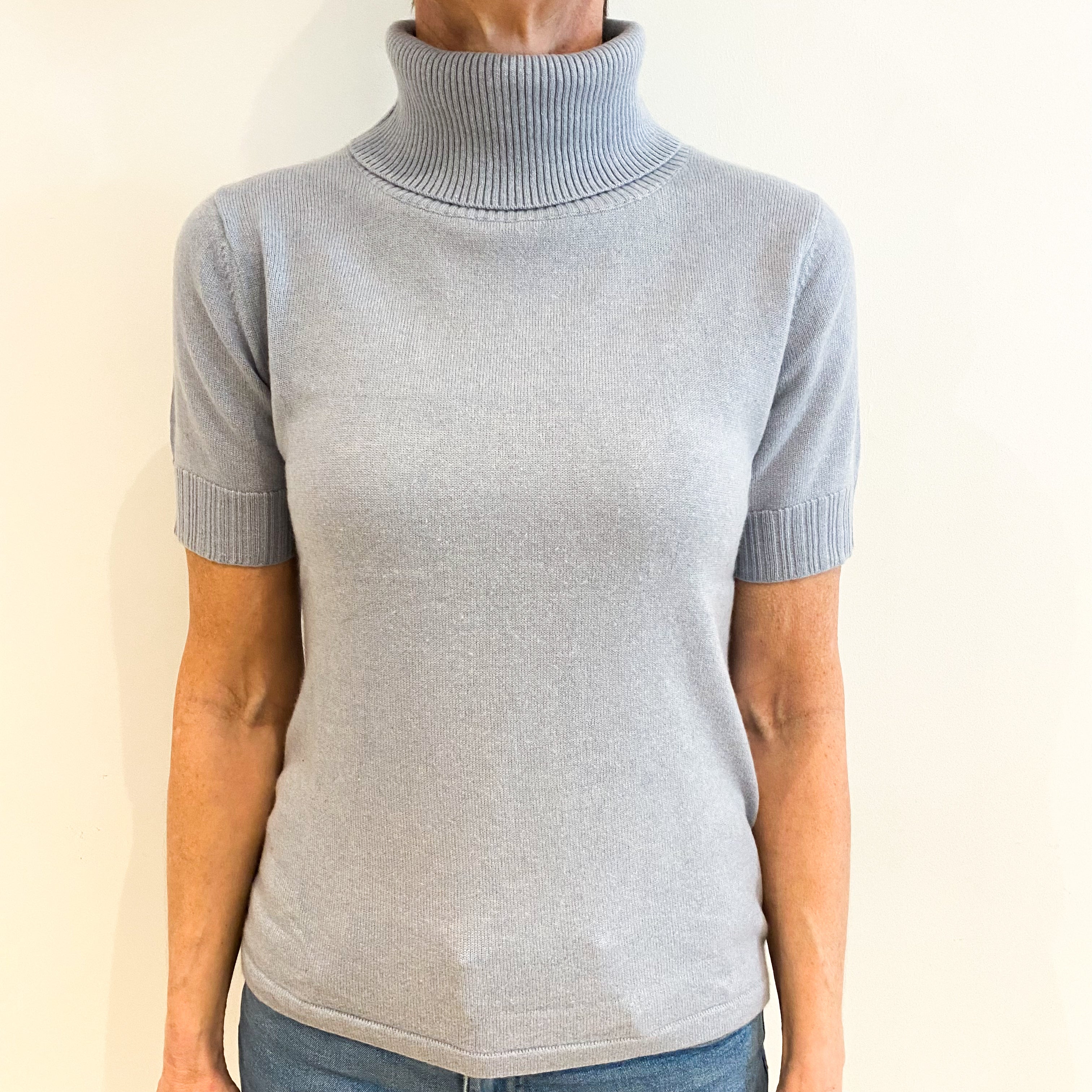Opal Blue Cashmere Polo Neck Short Sleeved Jumper Small