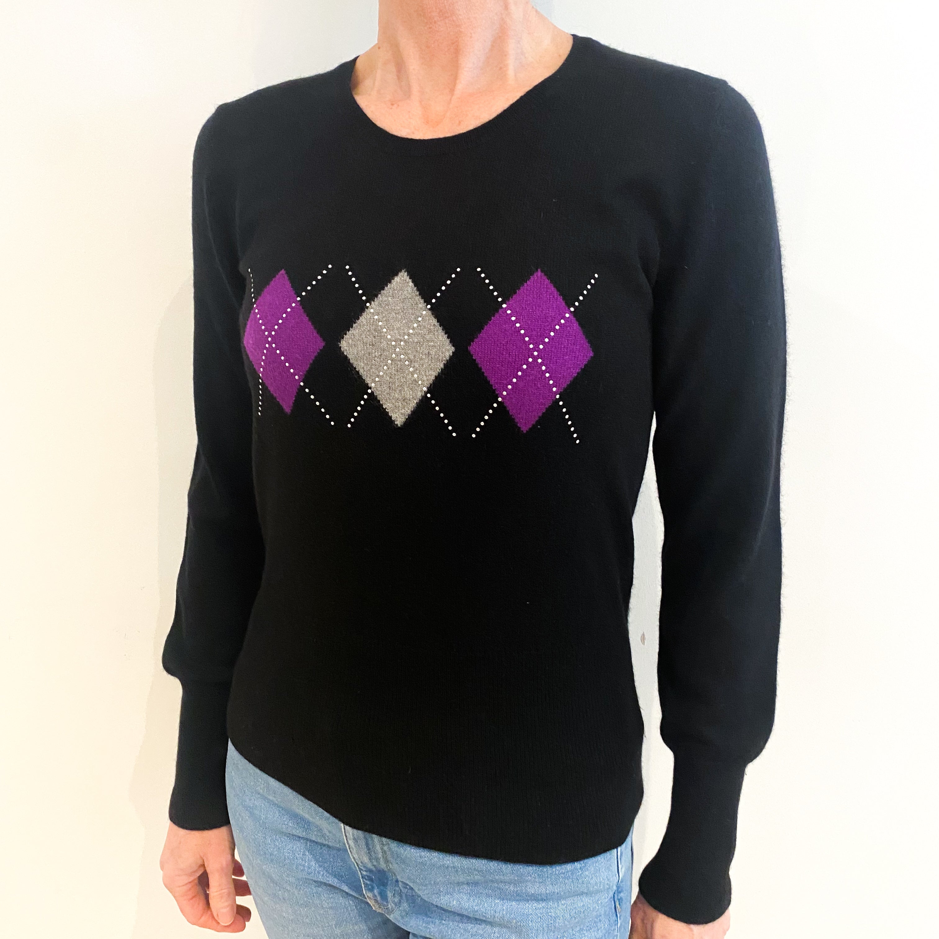 Black Diamond Patterned Cashmere Crew Neck Jumper Small