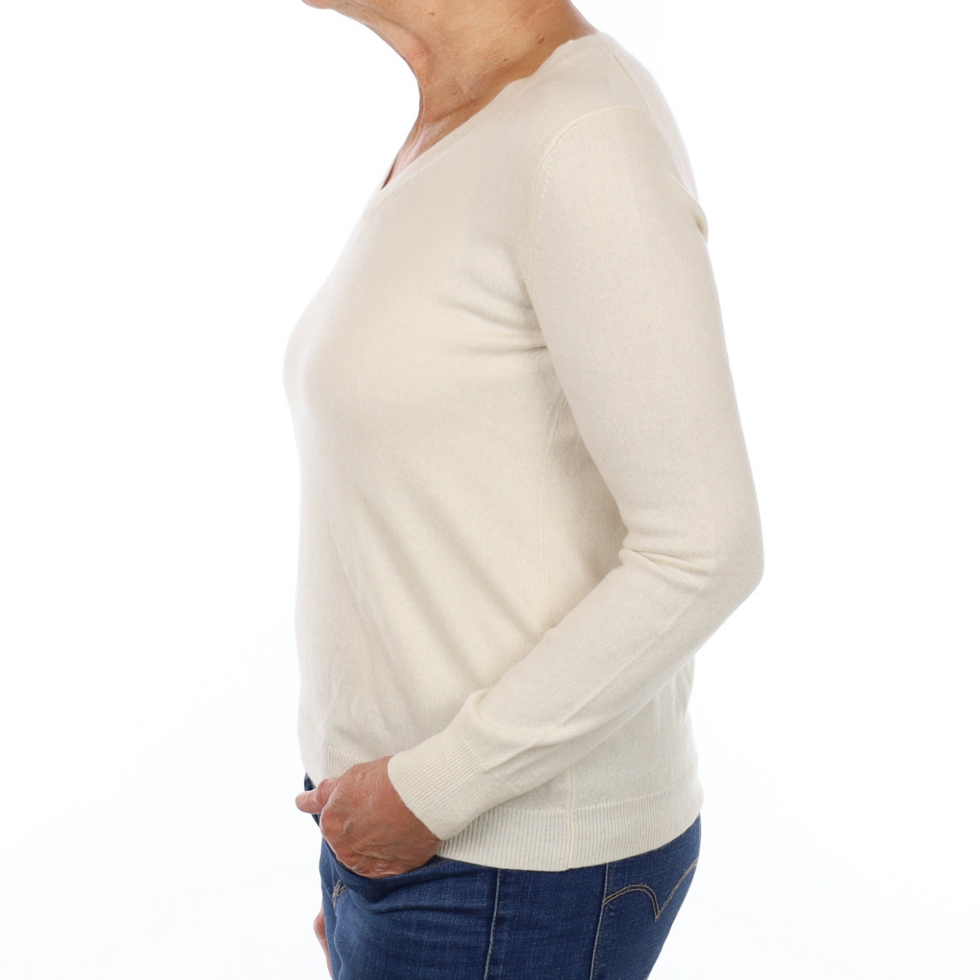 Vanilla Cream Cashmere V Neck Jumper Medium