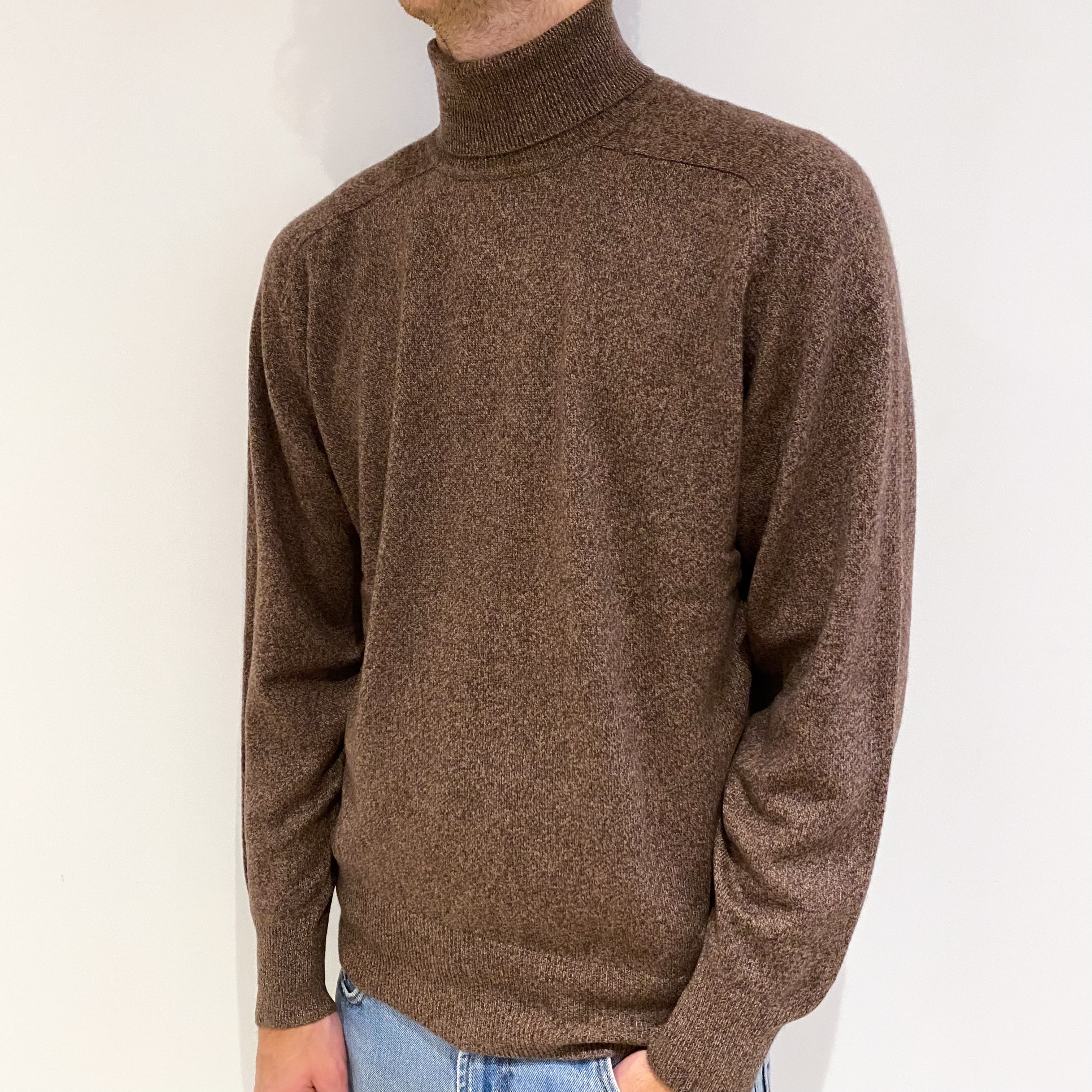 Men's Brown Marl Cashmere Polo Neck Jumper Large