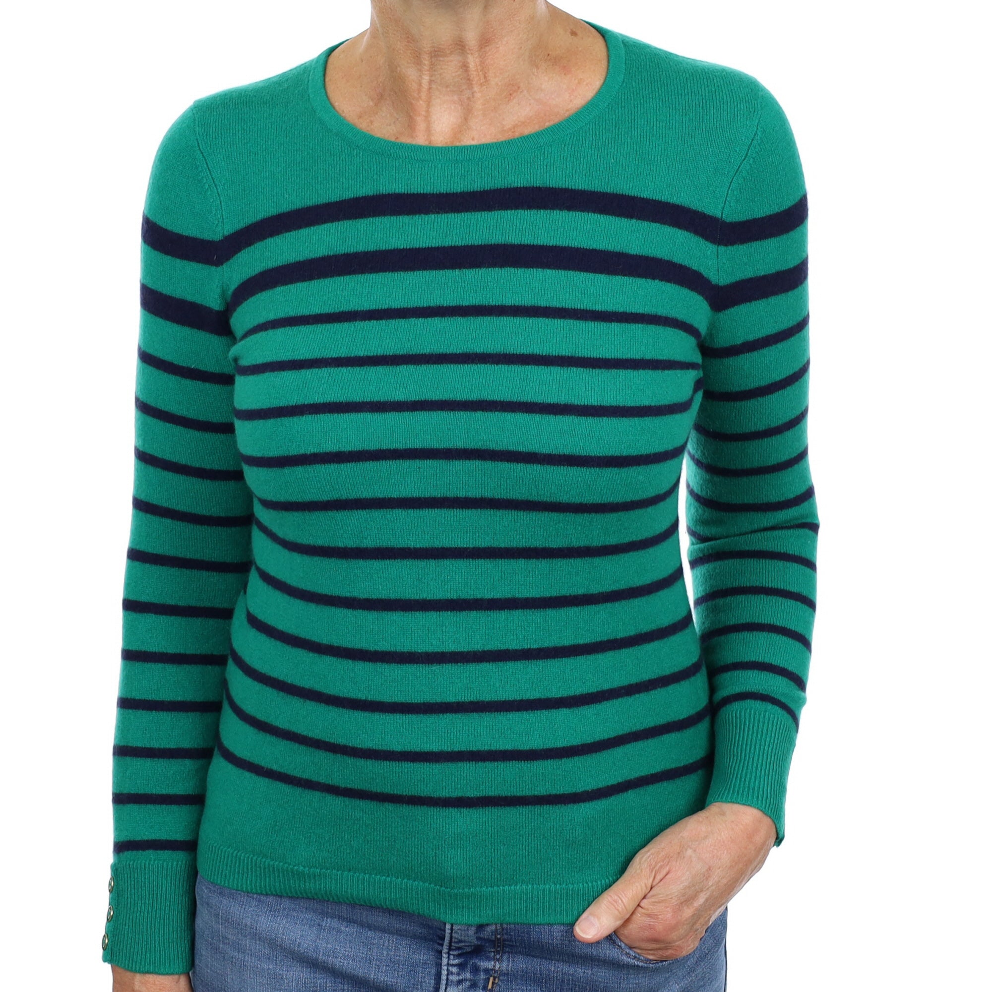 Emerald and Navy Stripe Cashmere Crew Neck Jumper Medium
