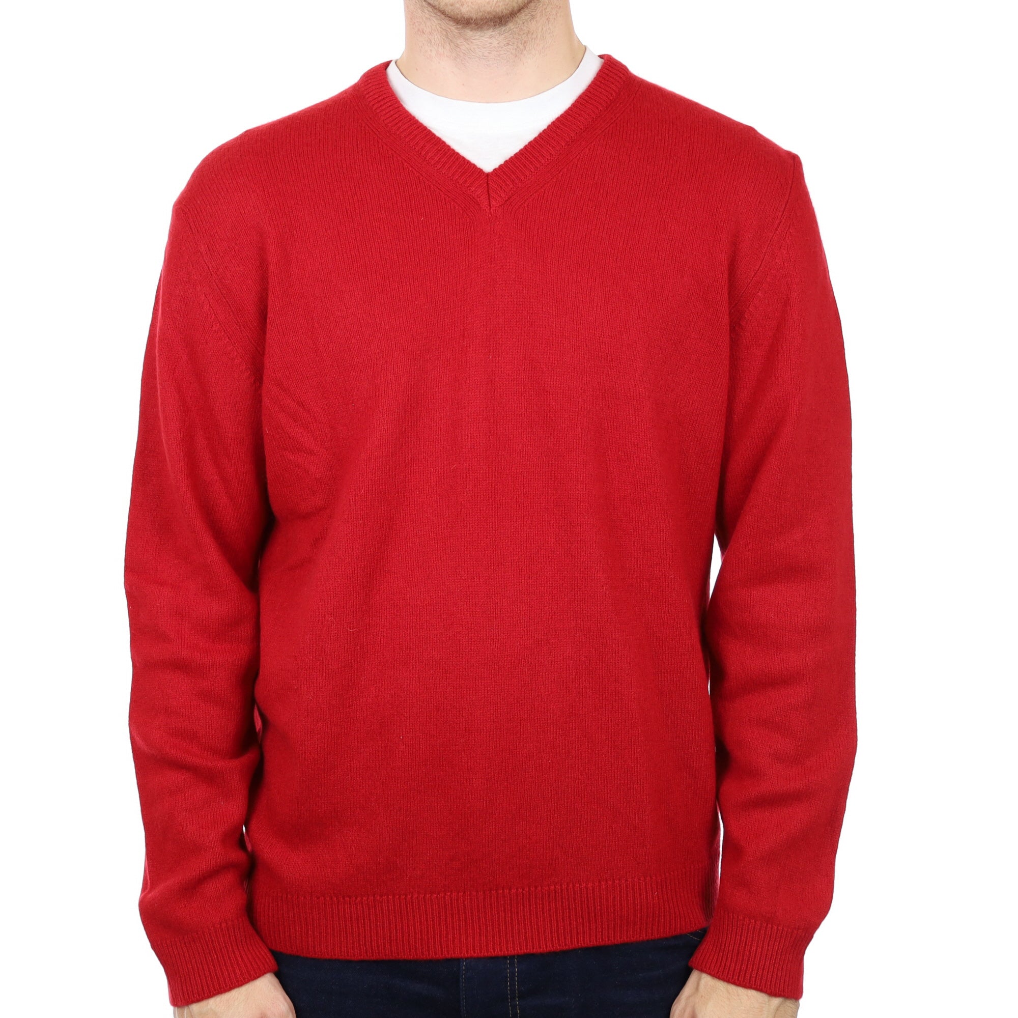 Men's Crimson Red Cashmere V Neck Jumper Large