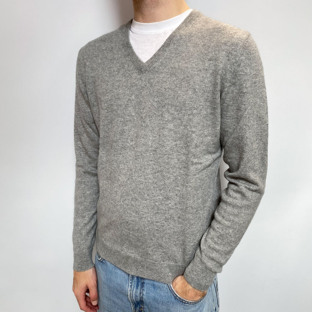 Men's Ash Grey Cashmere V Neck Jumper Large