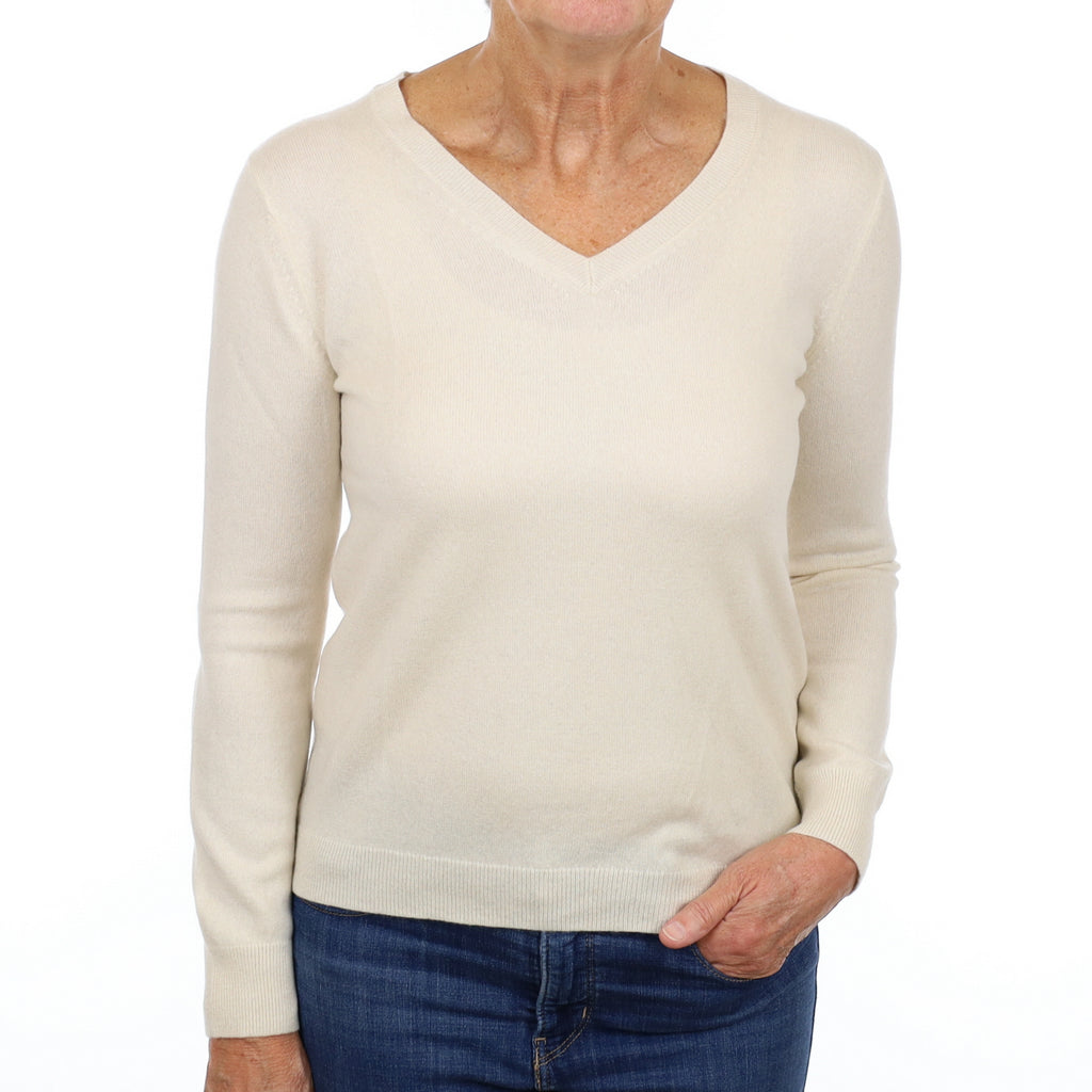 Vanilla Cream Cashmere V Neck Jumper Medium