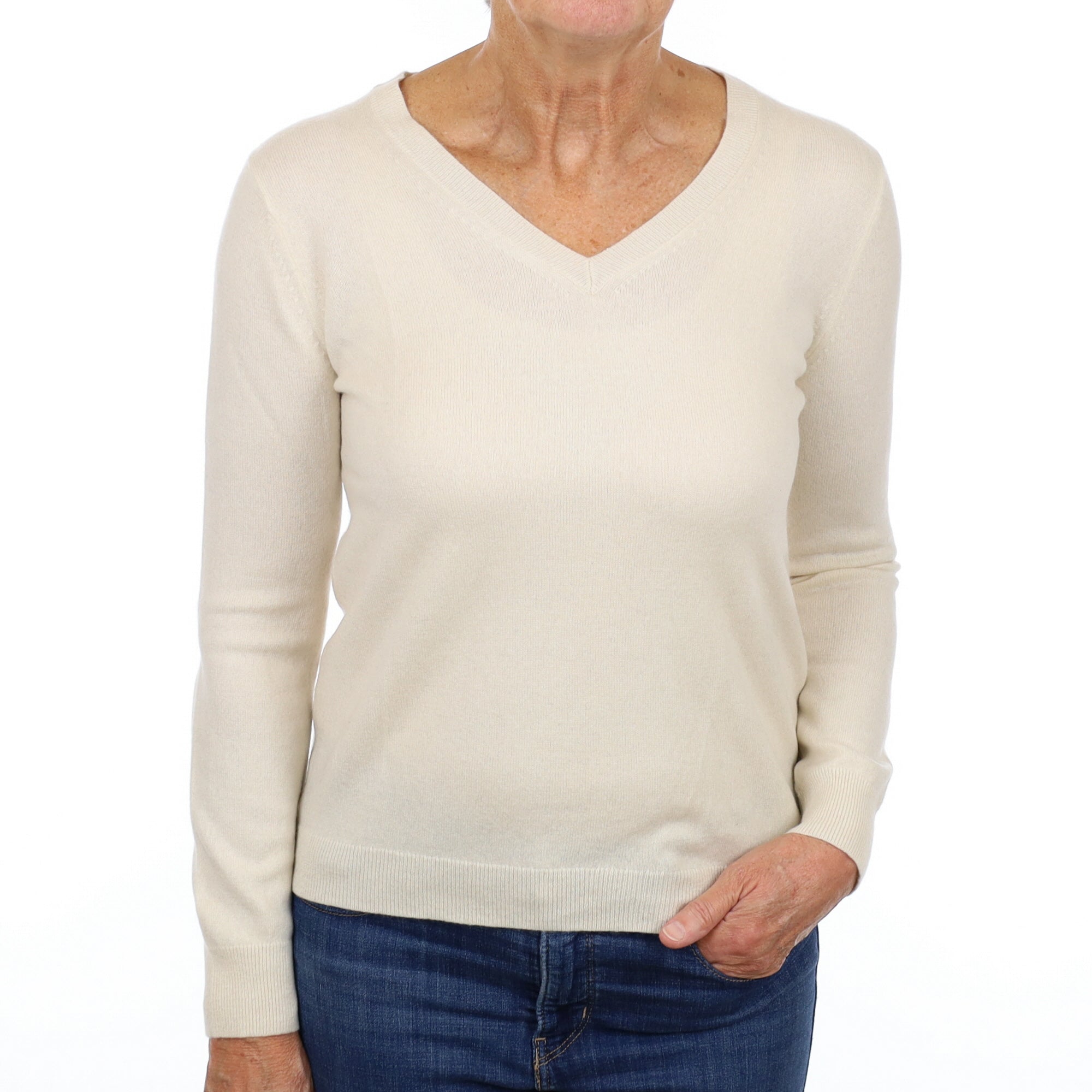 Vanilla Cream Cashmere V Neck Jumper Medium