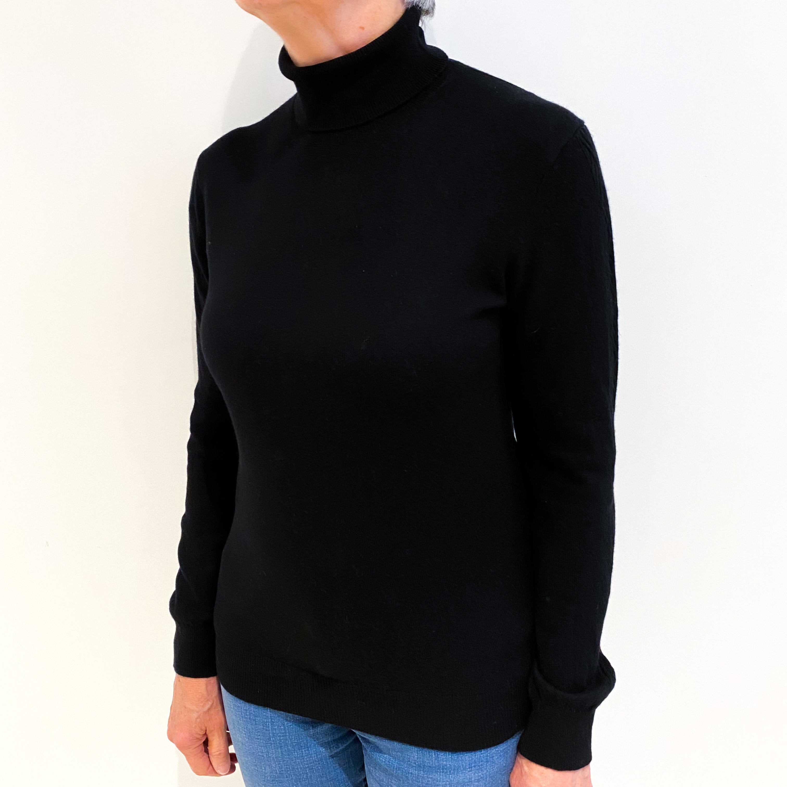 Black Textured Cashmere Polo Neck Jumper Medium