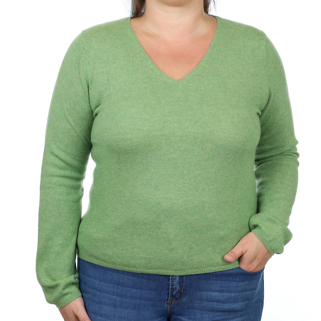 Pear Green Cashmere V Neck Jumper Large