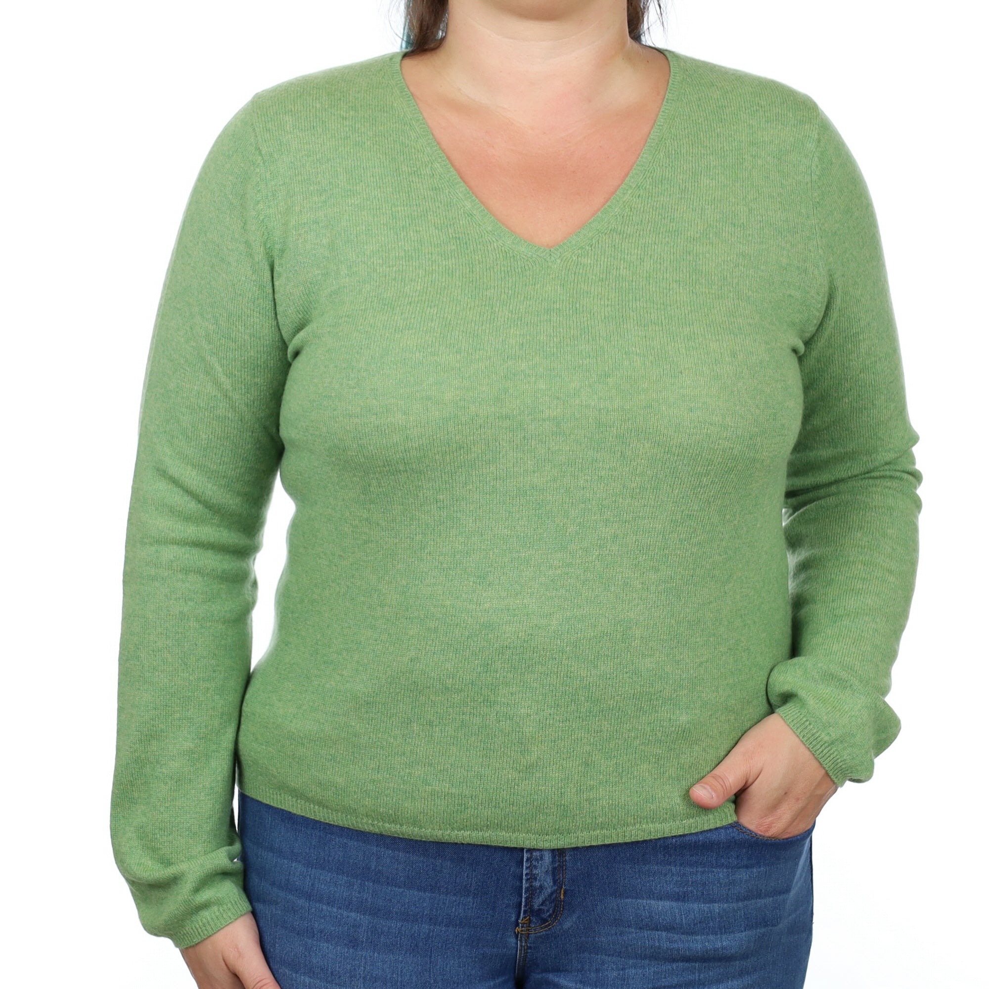 Pear Green Cashmere V Neck Jumper Large