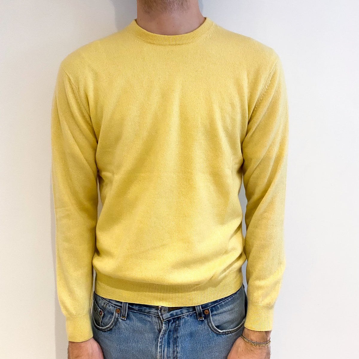 Men's Custard Yellow Cashmere Crew Neck Jumper Medium