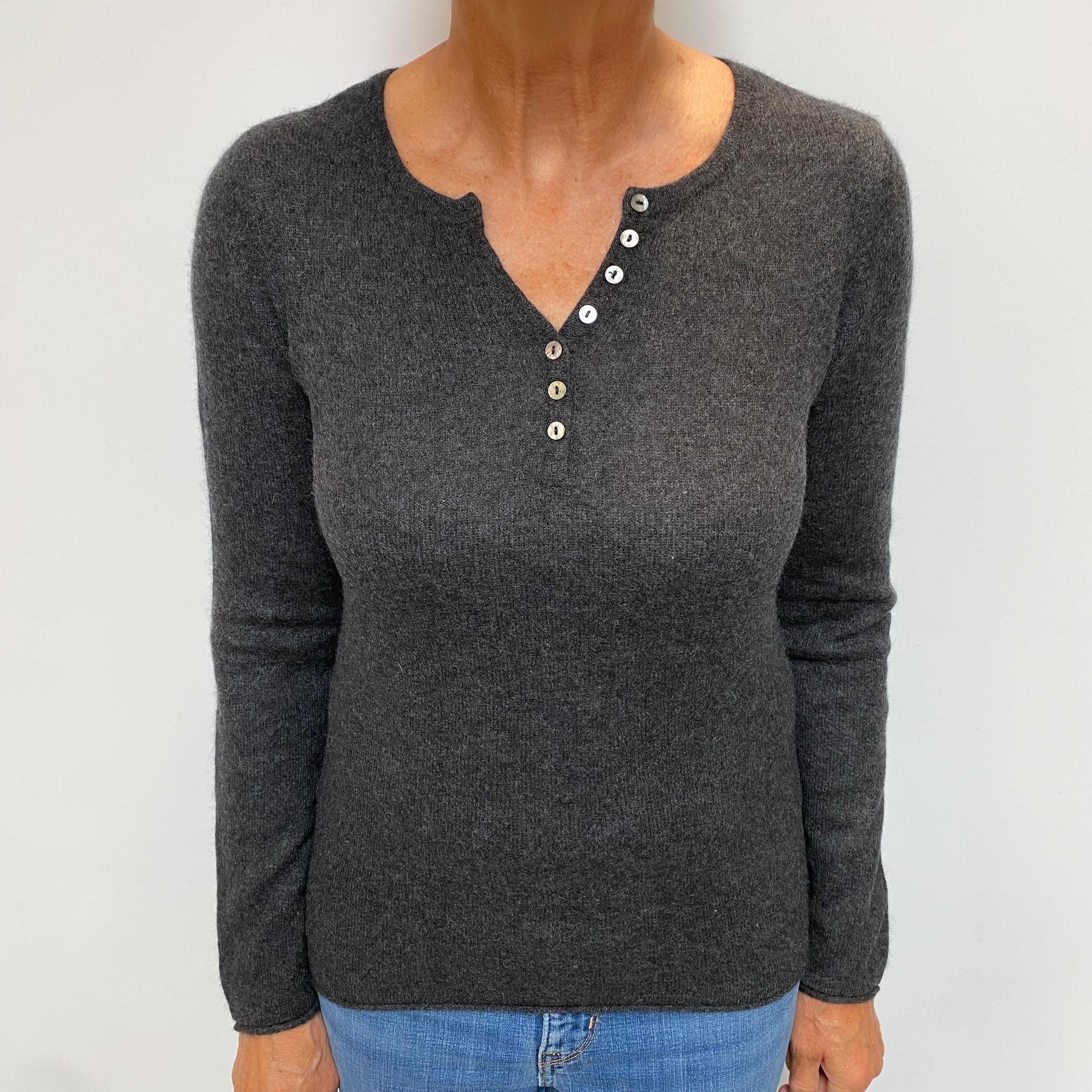 Slate Grey Cashmere Button Up V Neck Jumper Medium