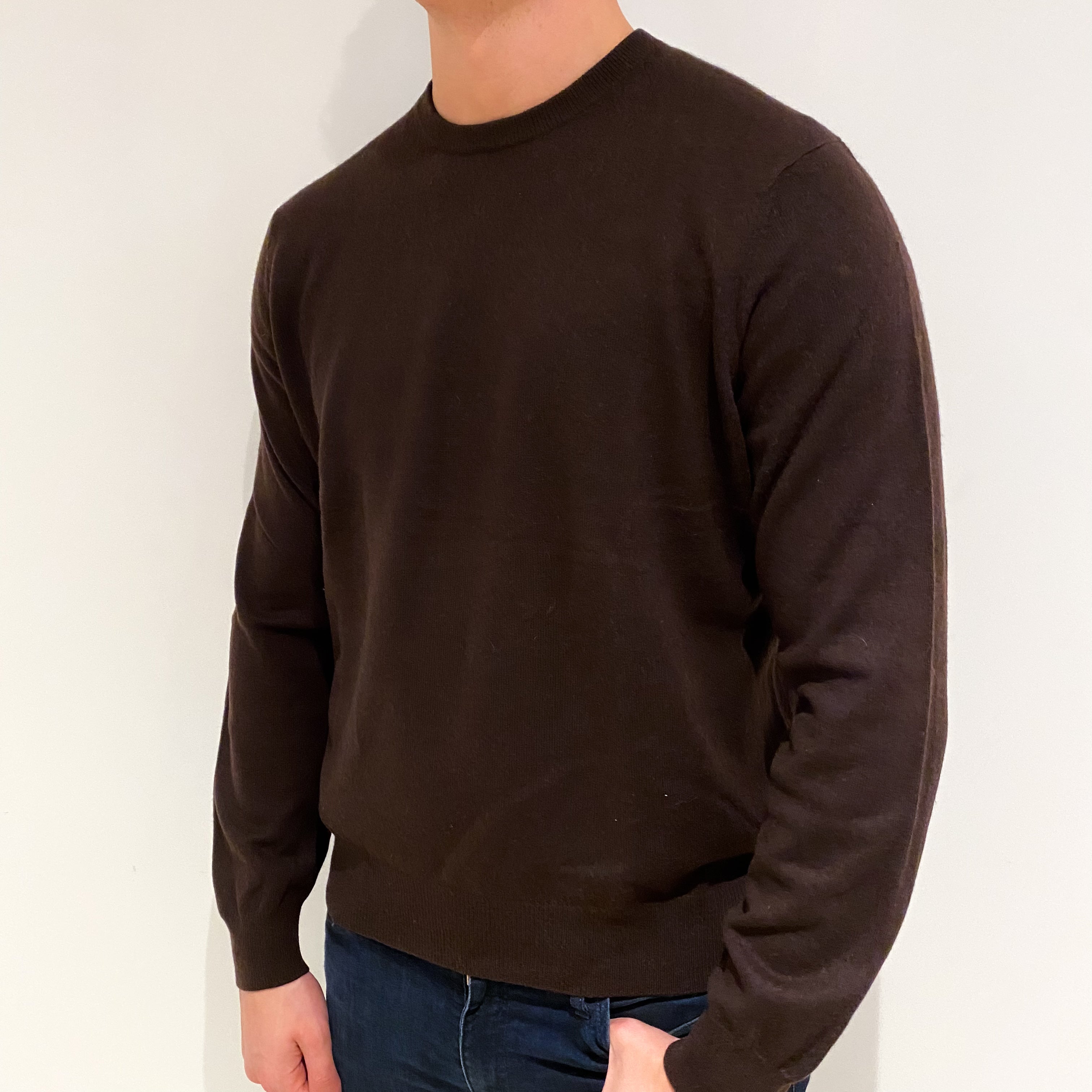 Men's Dark Chocolate Brown Cashmere Crew Neck Jumper XL