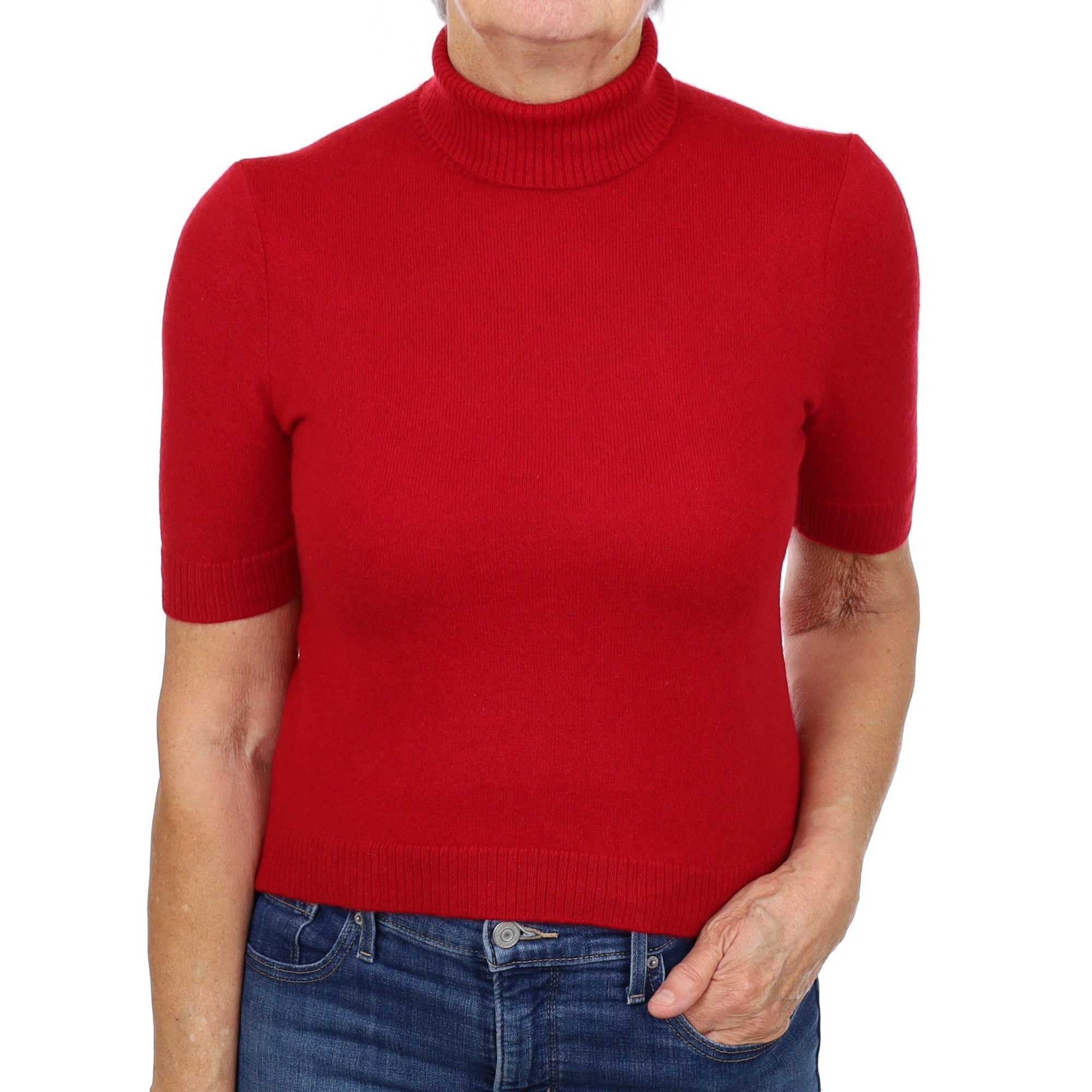 Post Box Red Cashmere Polo Neck Short Sleeved Jumper Medium