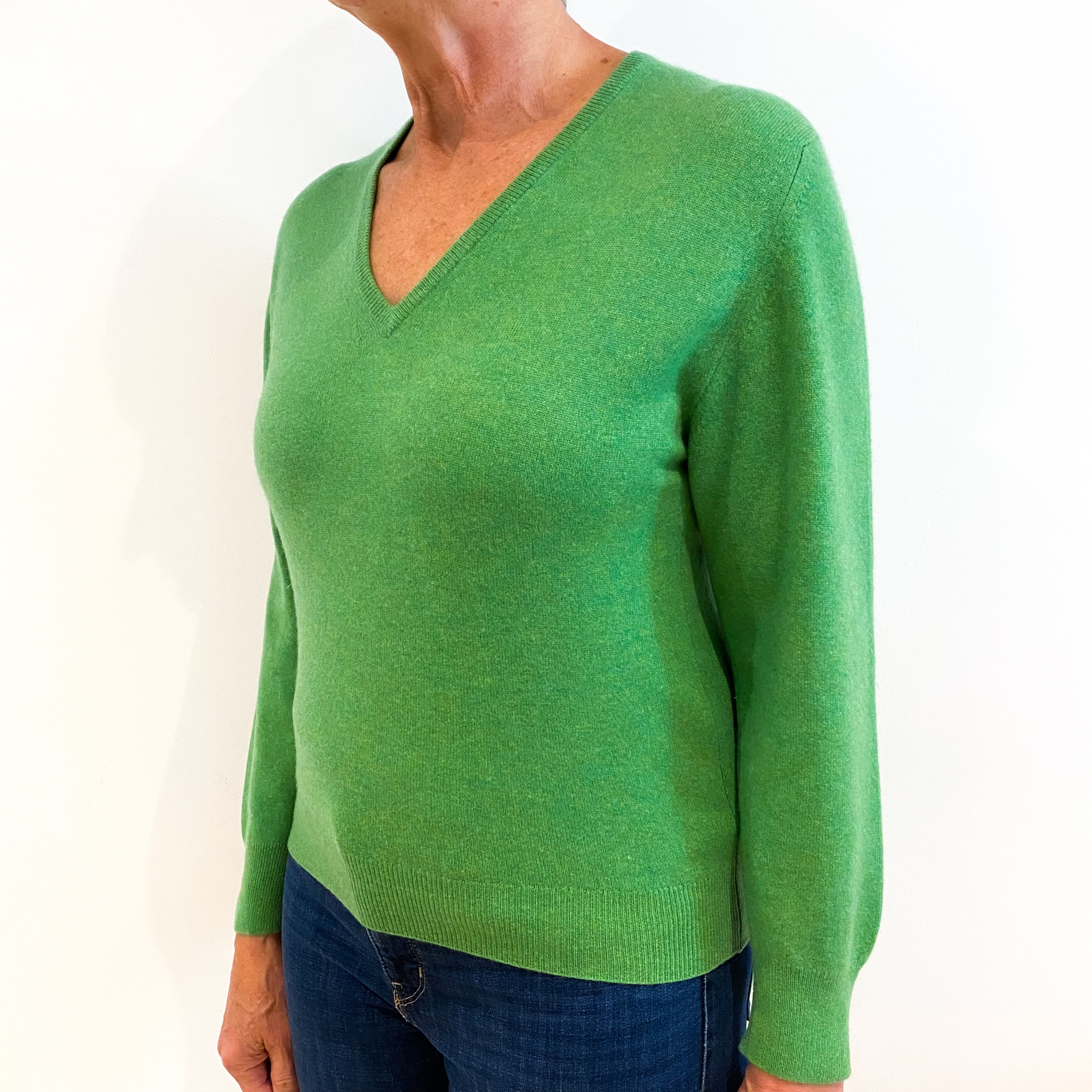 Pea Green Cashmere V-Neck Jumper Medium