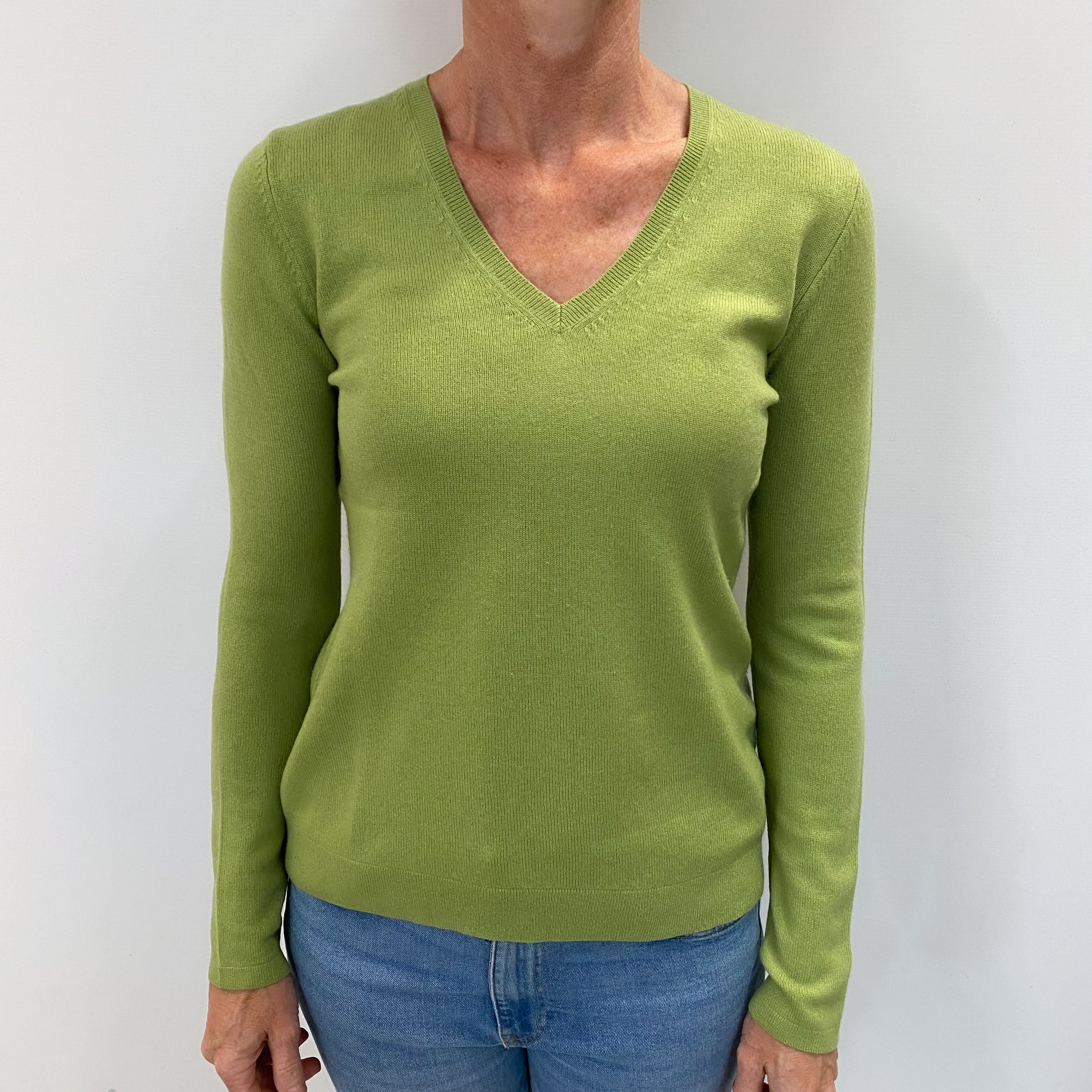 Pear Green Cashmere V Neck Jumper Small