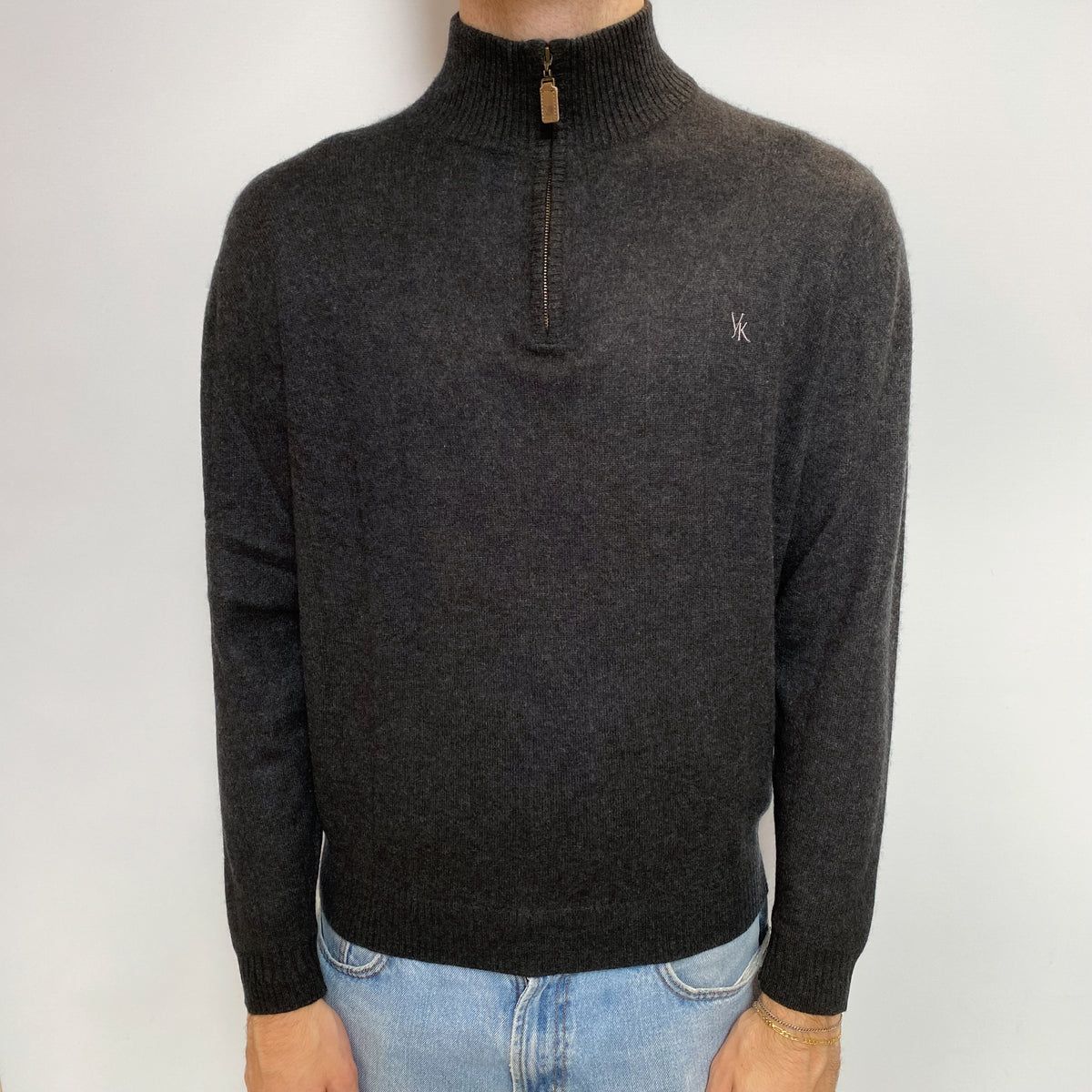 Men's Dark Grey Cashmere 1/4 Zip Front Jumper Large