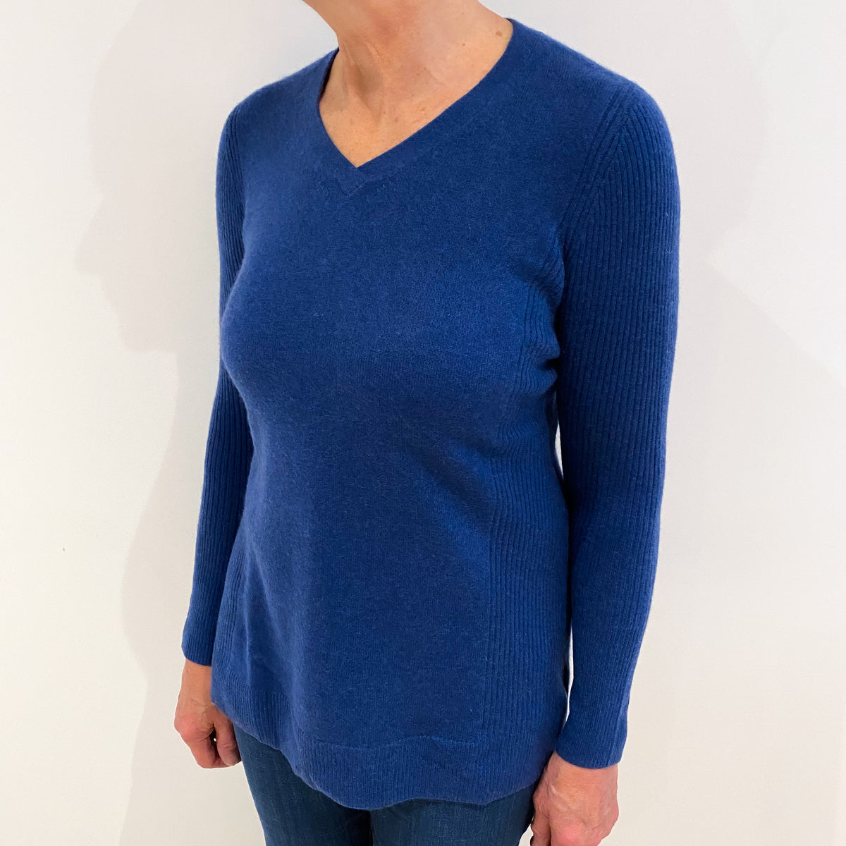 Dark Blue Denim Cashmere V Neck Jumper with Rubbed Arms and Sides Medium