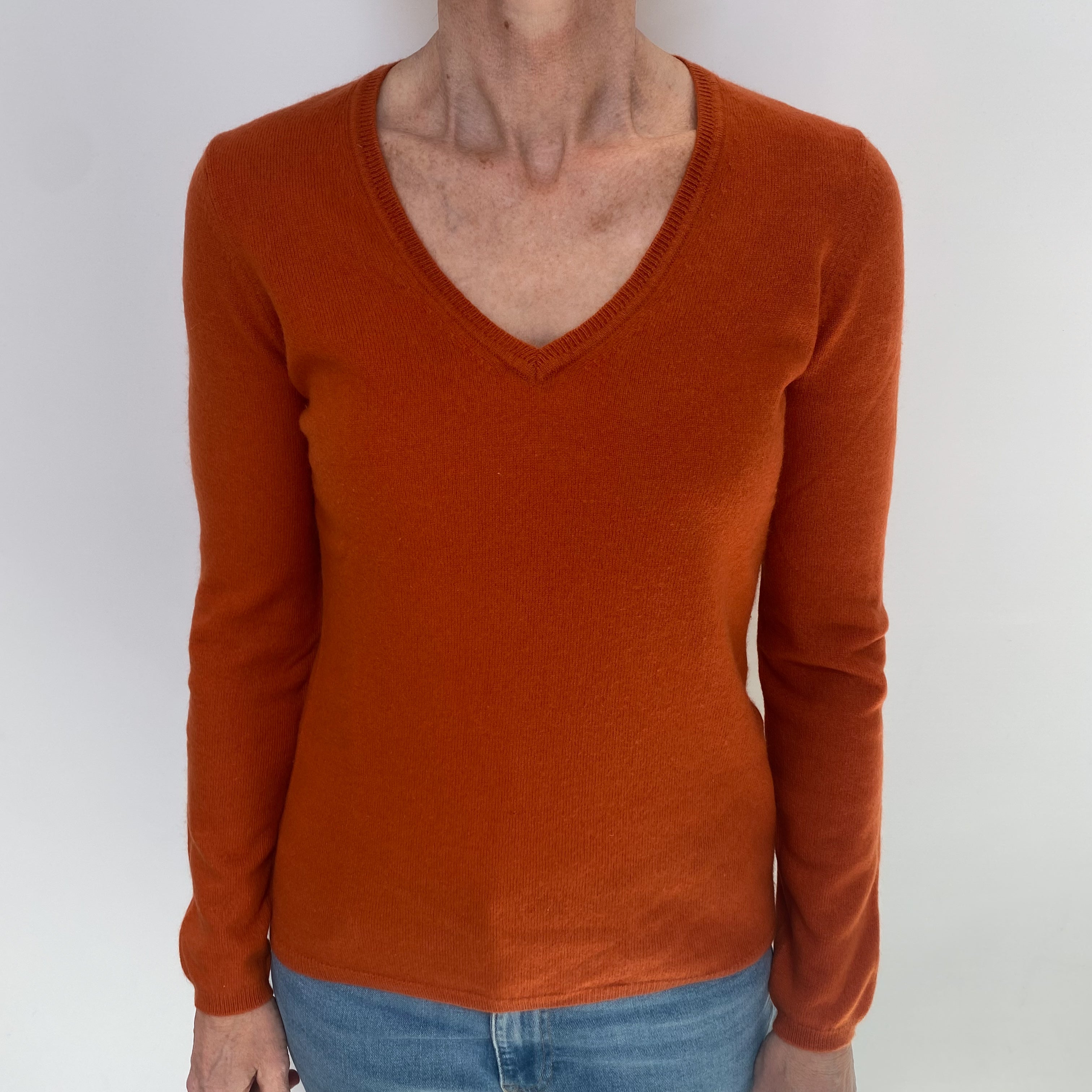 Burnt Orange Cashmere V Neck Jumper Small