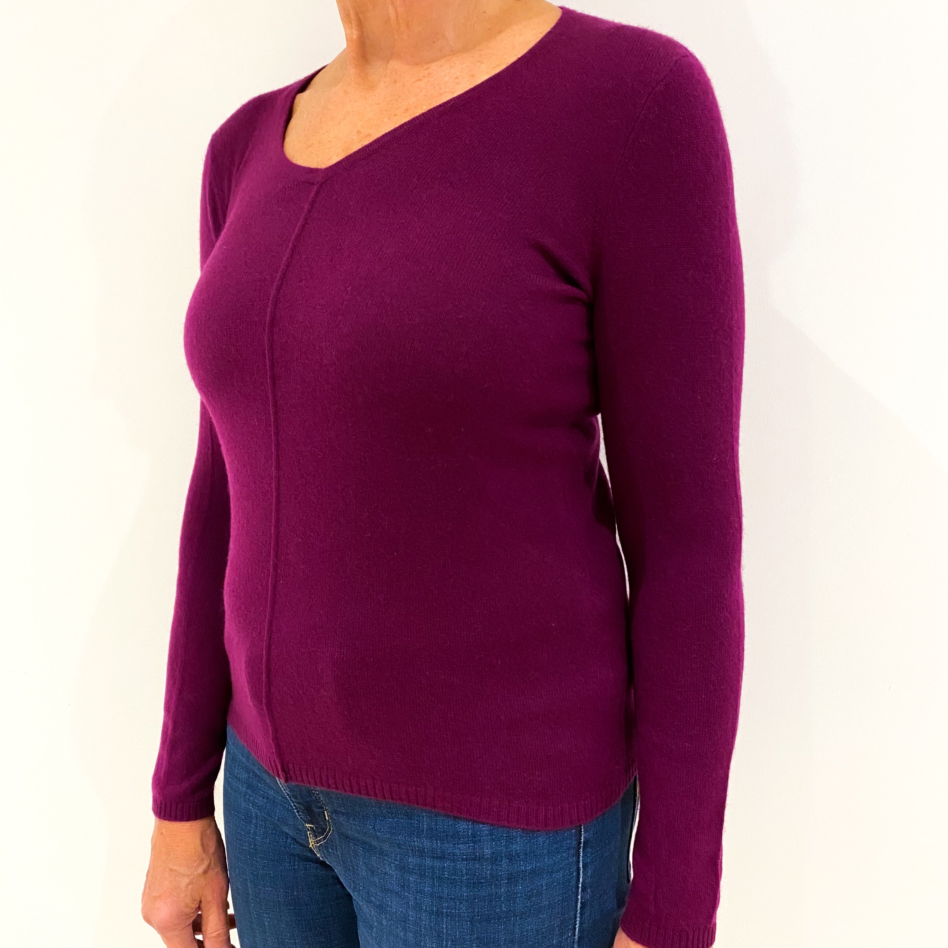 Plum Purple Cashmere V-Neck Jumper Medium