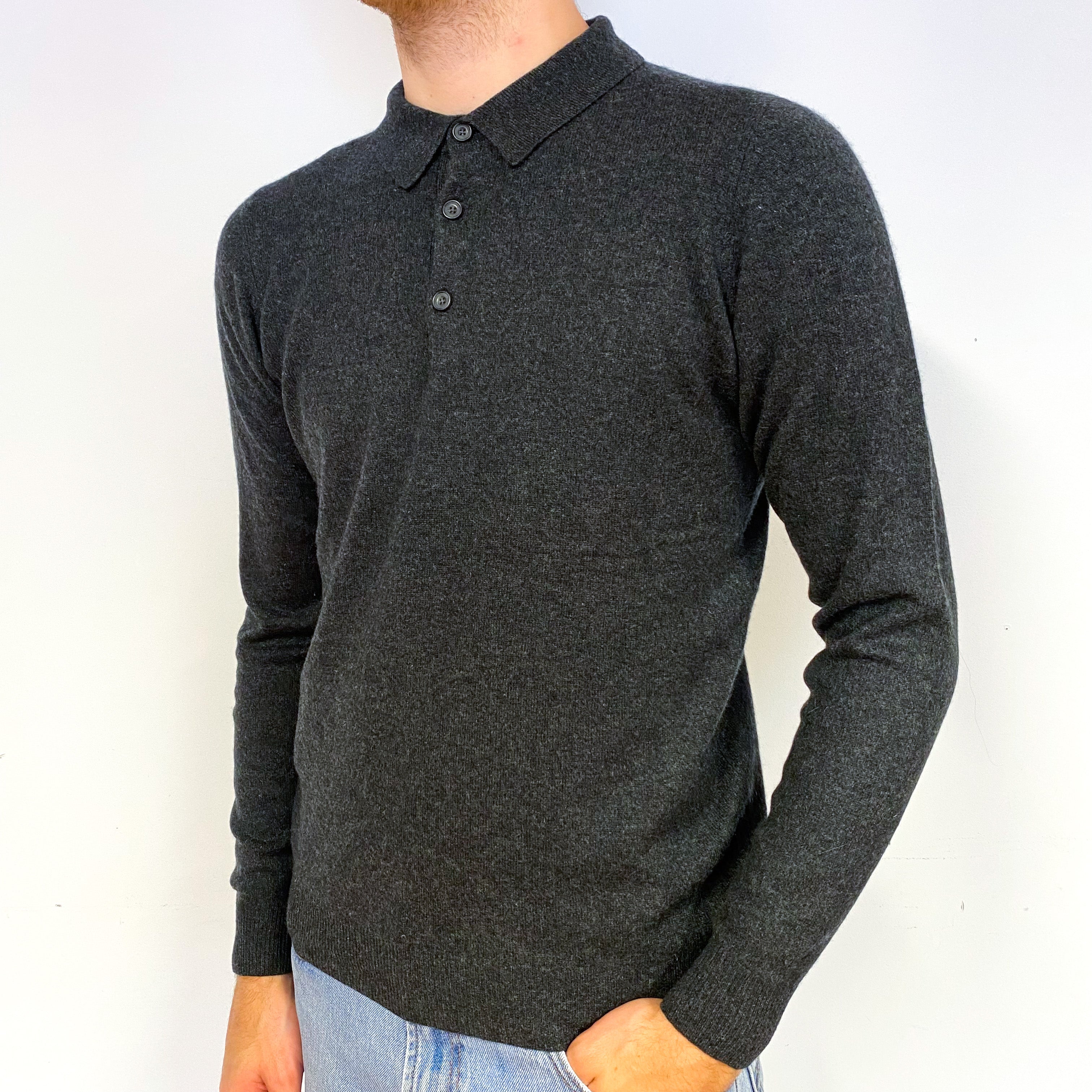 Men's Charcoal Grey Cashmere Collared 1/4 Button Jumper Medium