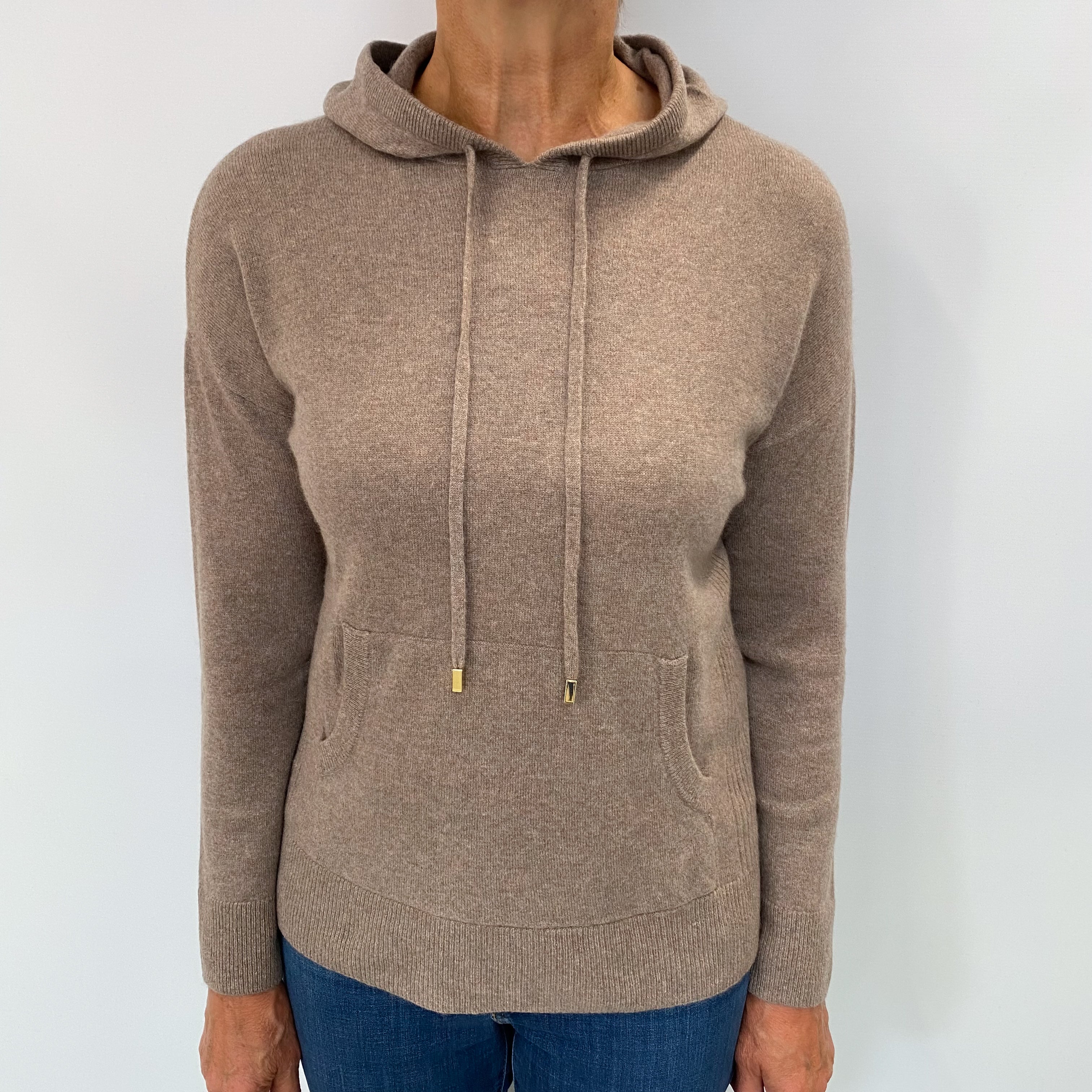 Taupe Brown Cashmere Hooded Jumper Medium