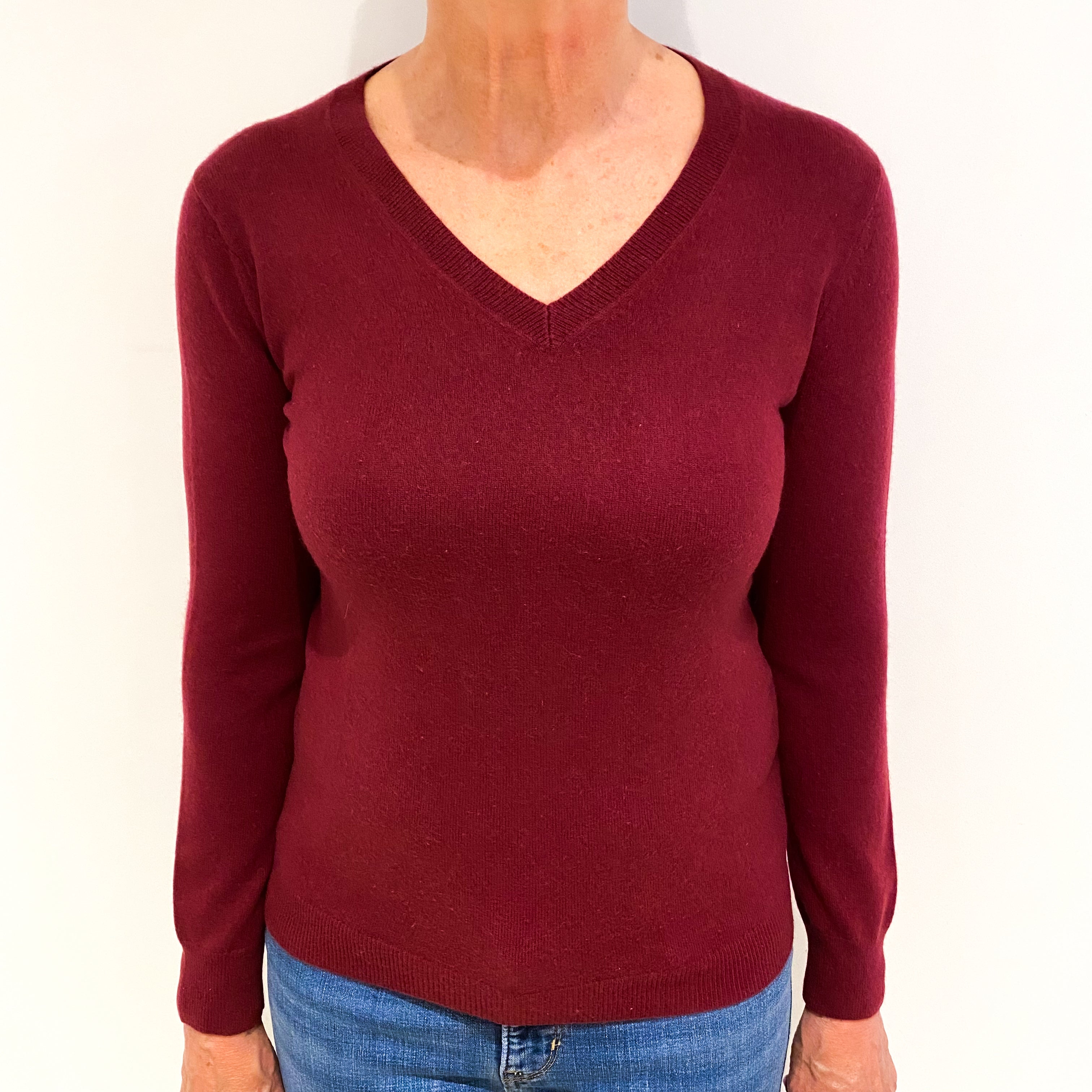 Burgundy Red Cashmere V Neck Jumper Medium