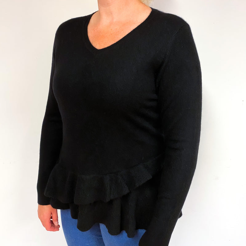 Black Frill Hem Cashmere V-Neck Jumper Large