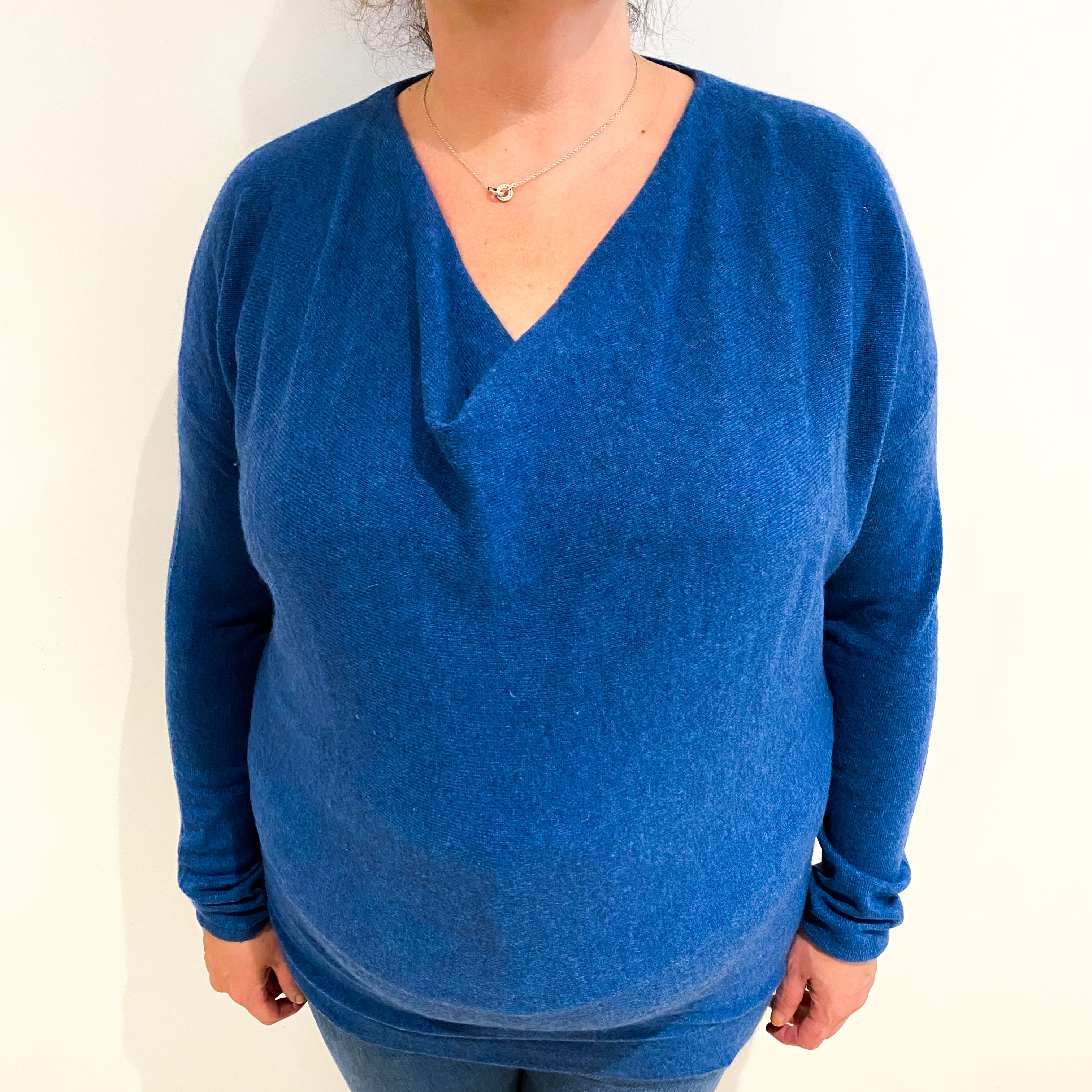Deep Ocean Blue Cashmere Batwing Drape Neck Jumper Extra Large