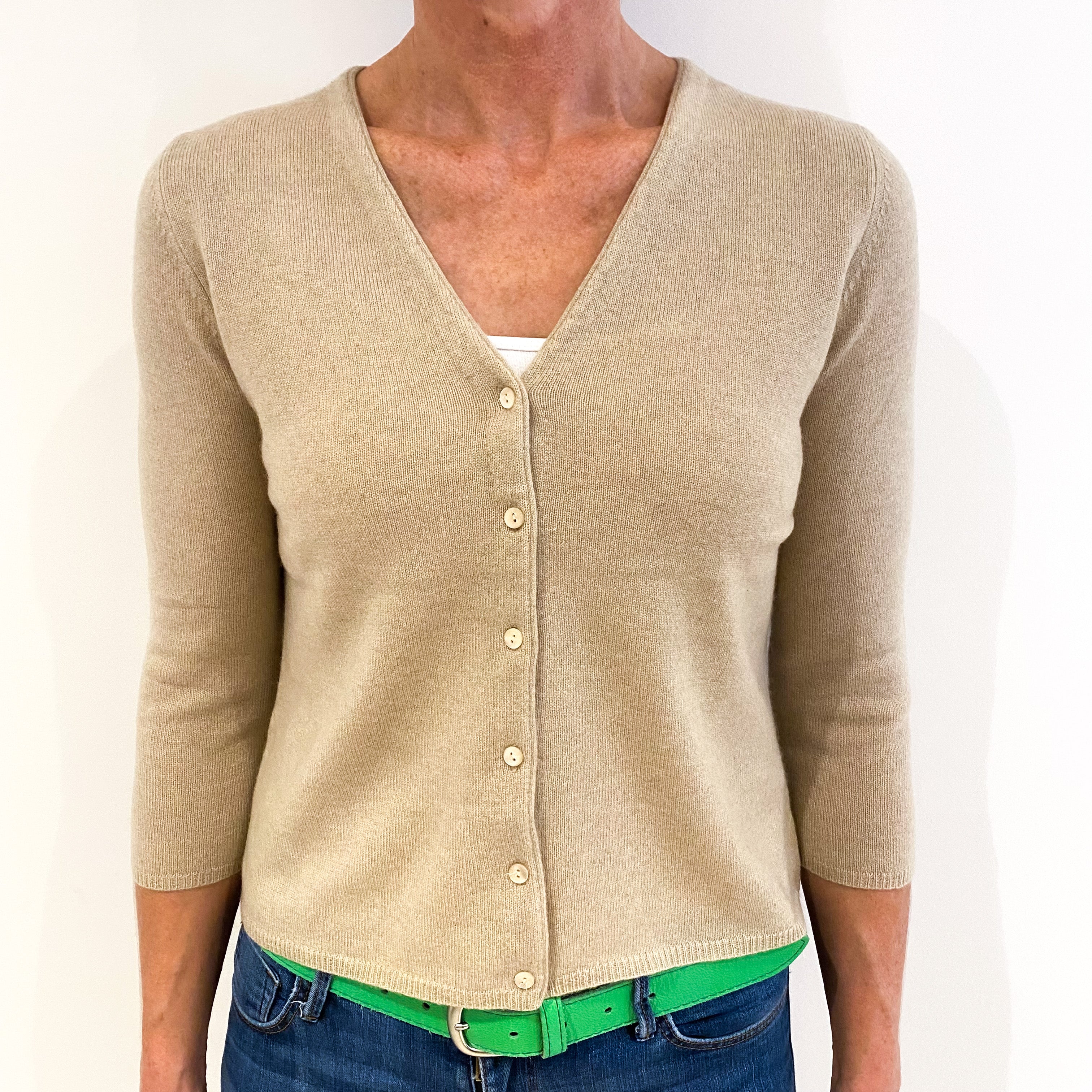 Sand Beige Cashmere V-Neck Cardigan Small Petite