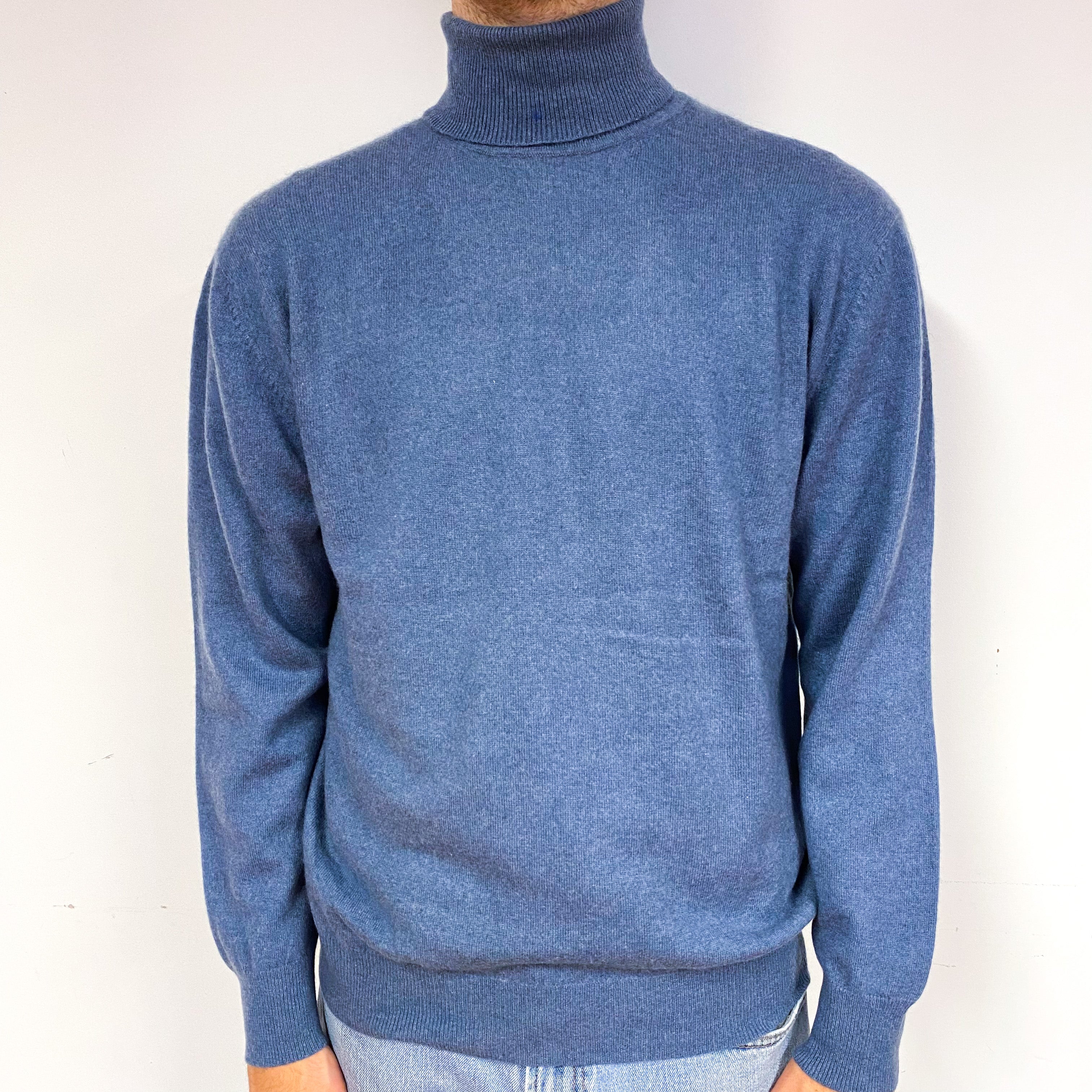 Men's Denim Blue Cashmere Polo Neck Jumper Large