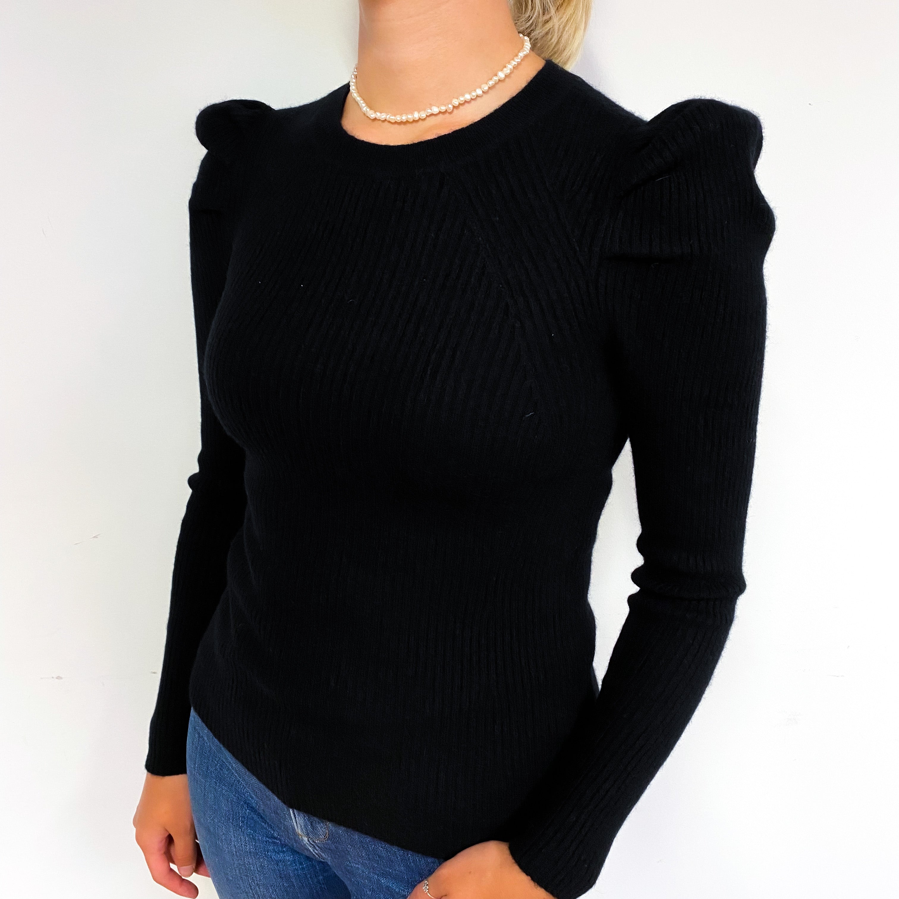 Black Ribbed Puff Shoulder Cashmere Crew Neck Jumper Small