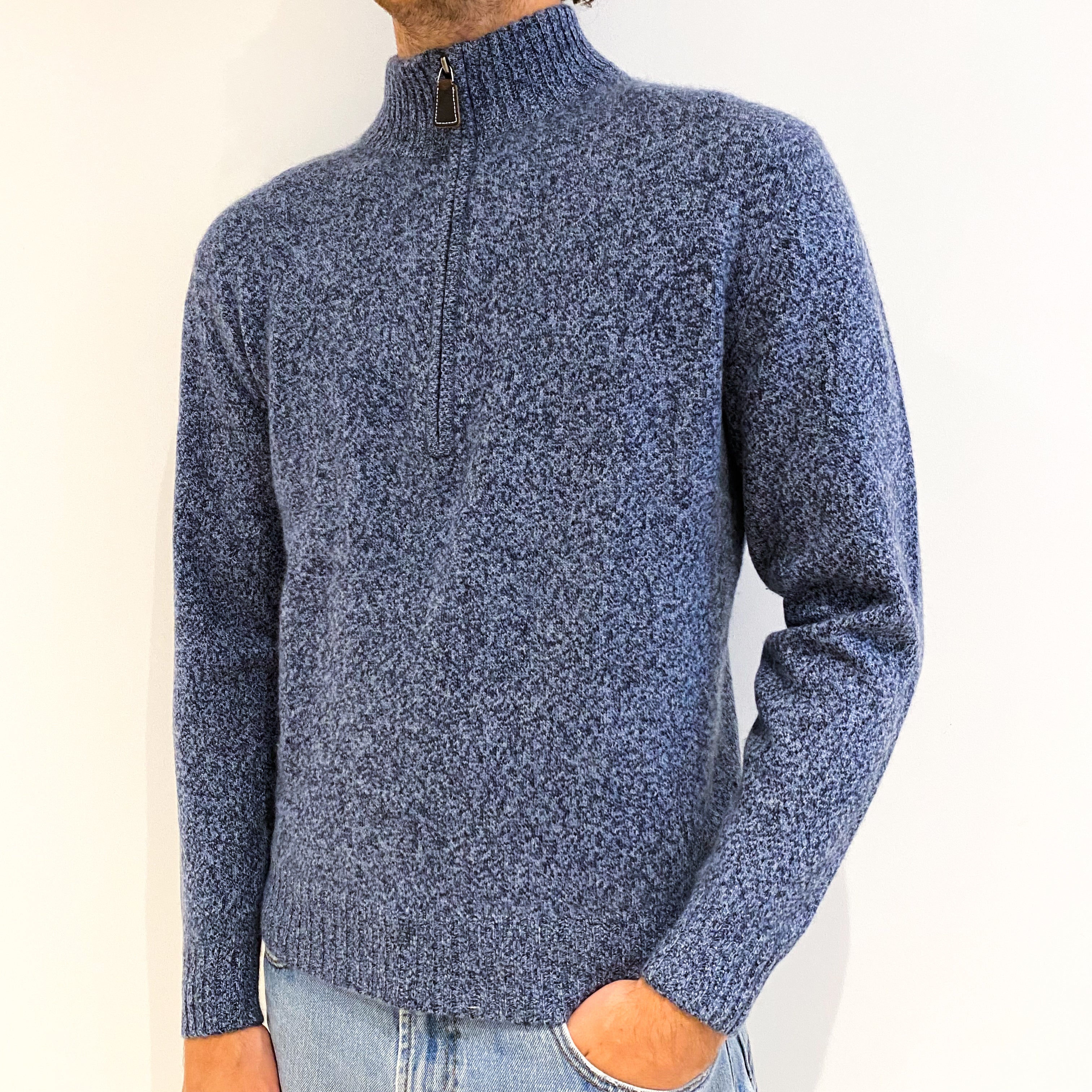 Men's Denim Blue Marl Cashmere 1/4 Zip Jumper Medium