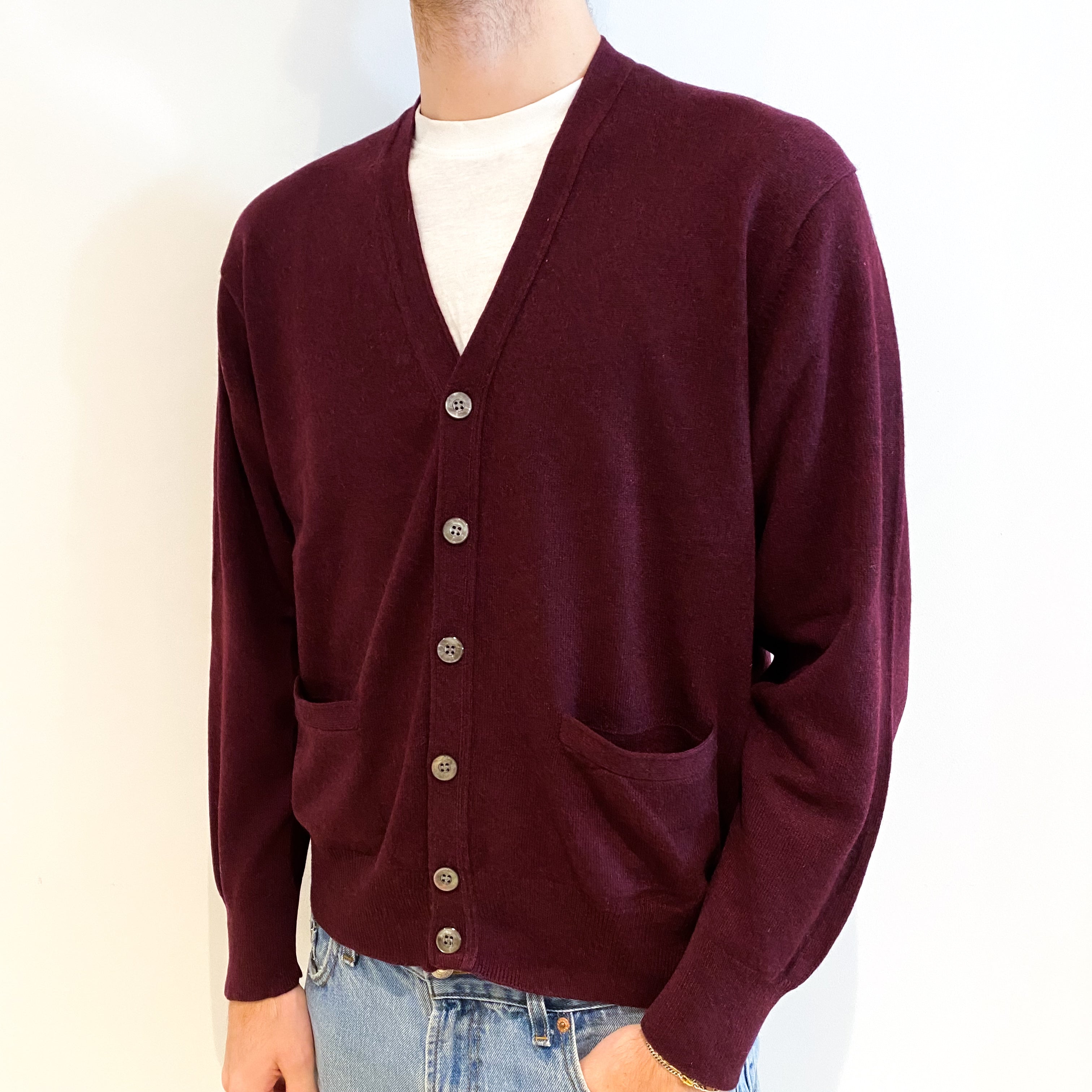Men's Wine Red Cashmere V Neck Cardigan Large