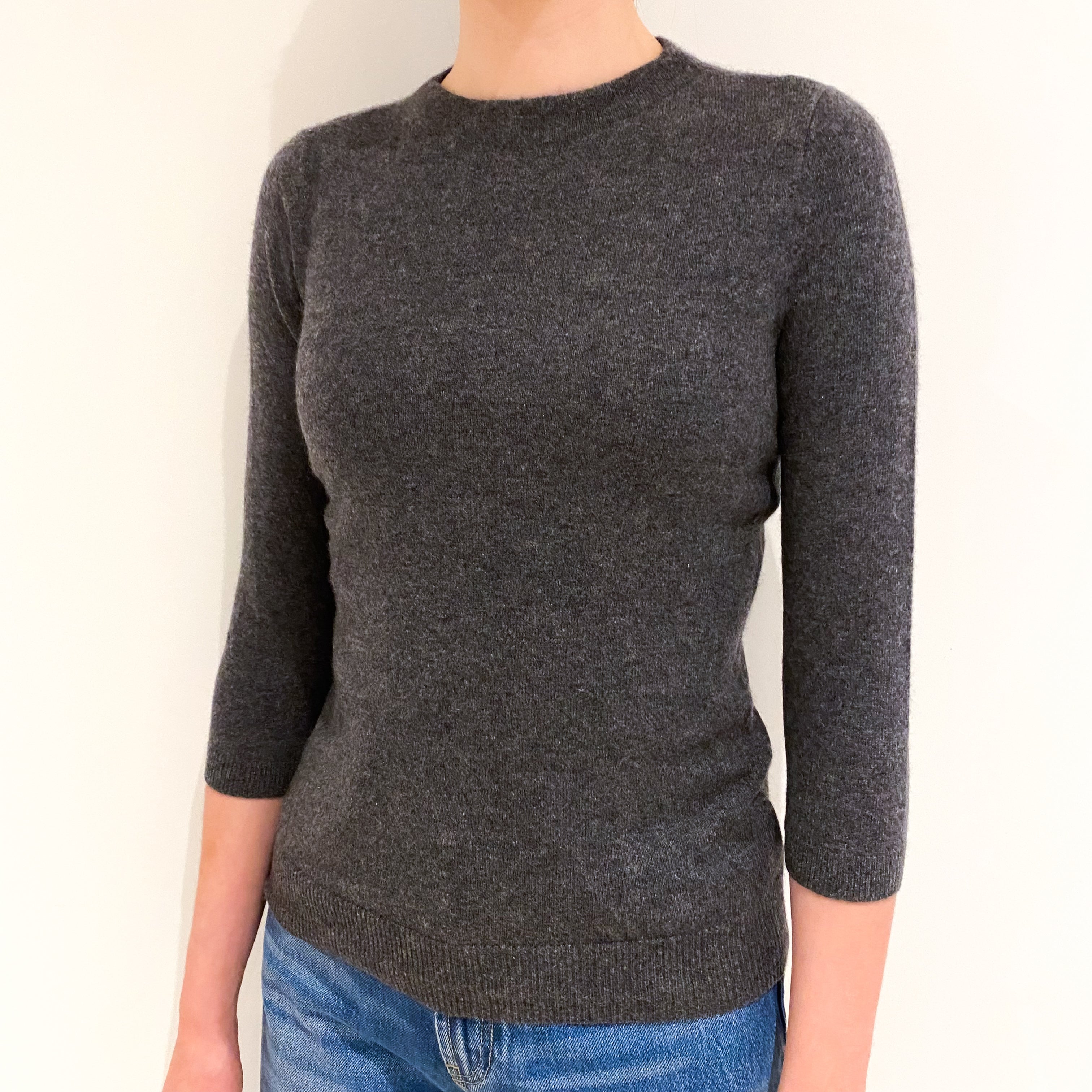 Slate Grey 3/4 Sleeved Cashmere Crew Neck Jumper Extra Small