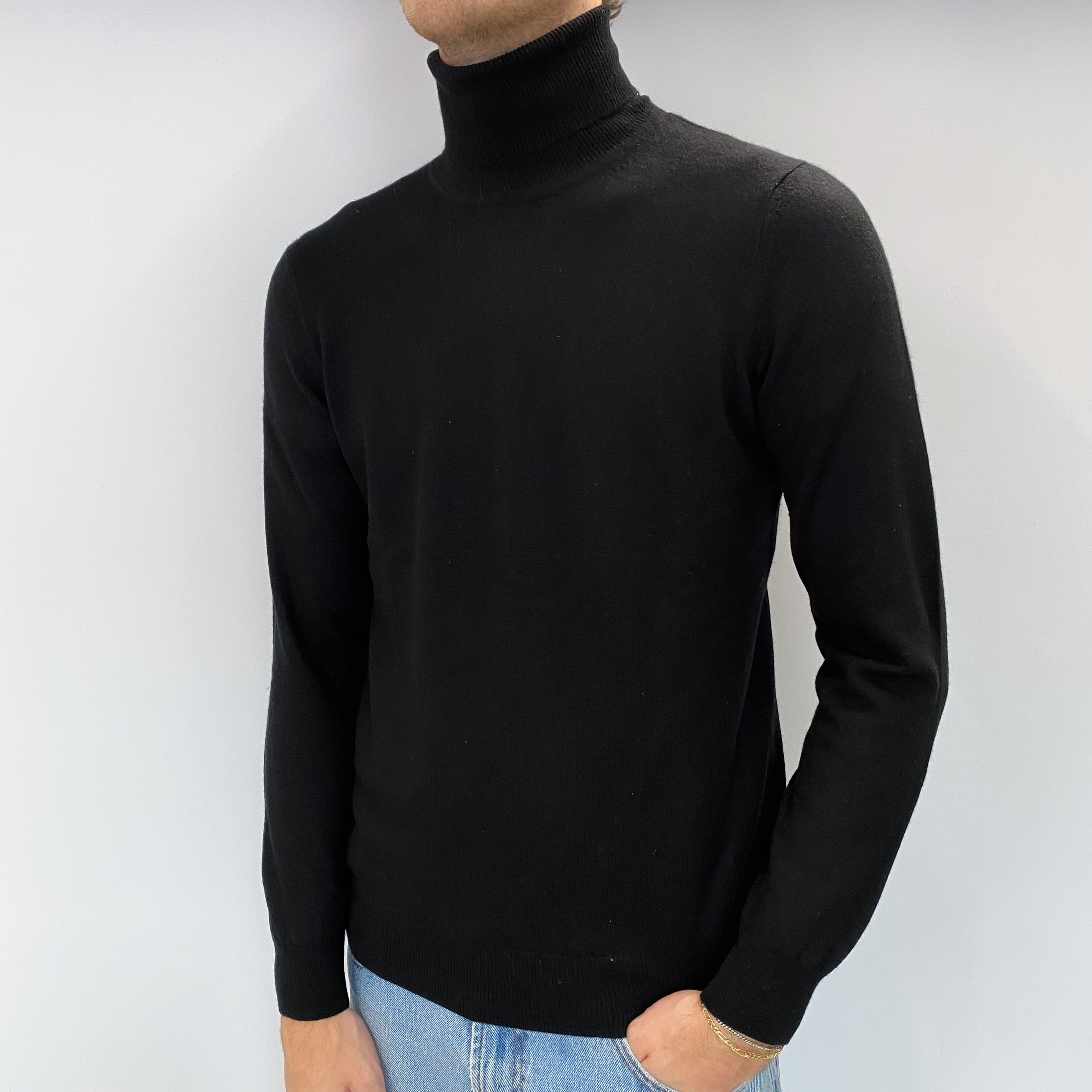 Men's Black Cashmere Polo Neck Jumper Medium