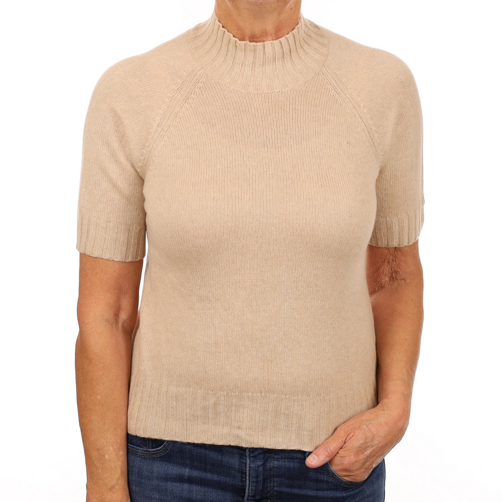 Beige Cashmere Turtle Neck Short Sleeve Jumper Medium