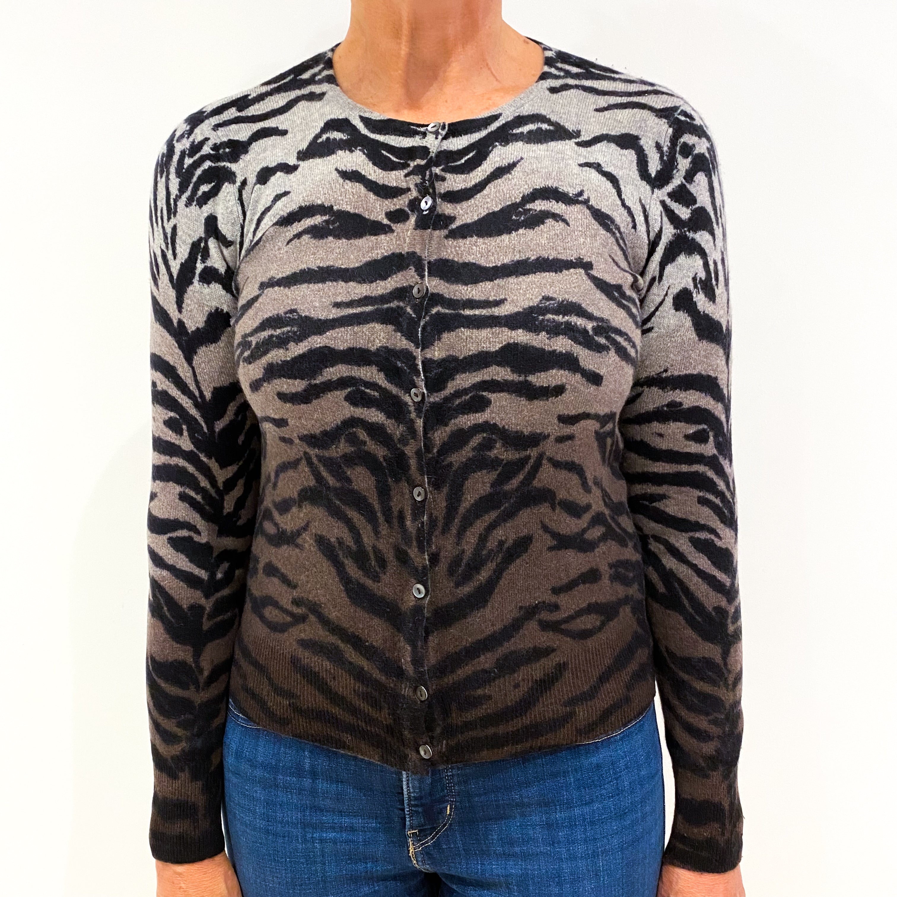 Grey and Beige Tiger Print Cashmere Crew Neck Cardigan Medium