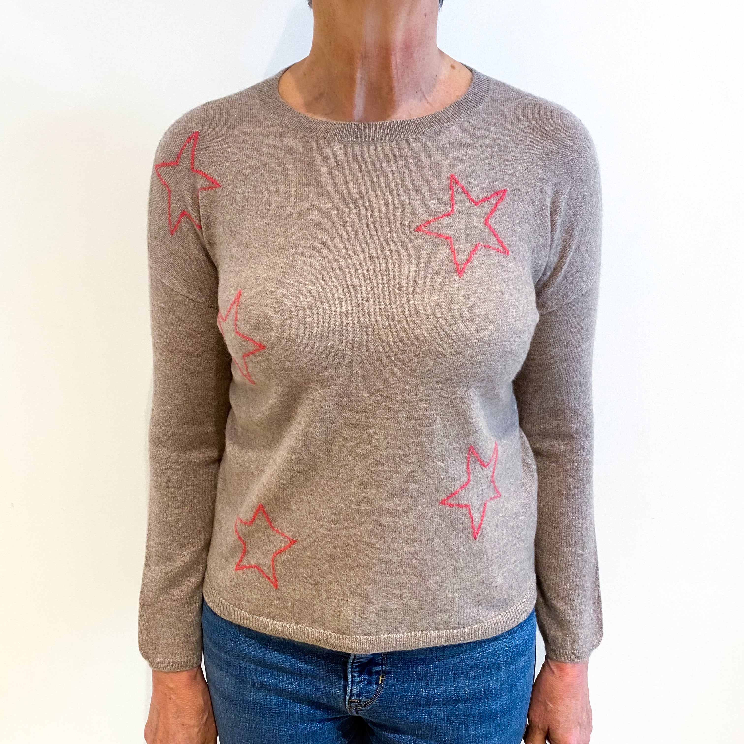 Taupe Brown With Pink Stars Cashmere Crew Neck Jumper Medium