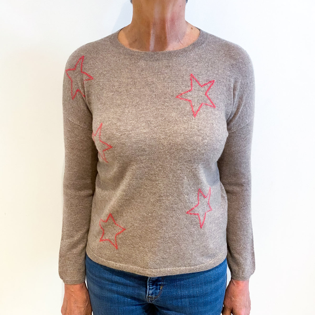 Taupe Brown With Pink Stars Cashmere Crew Neck Jumper Medium