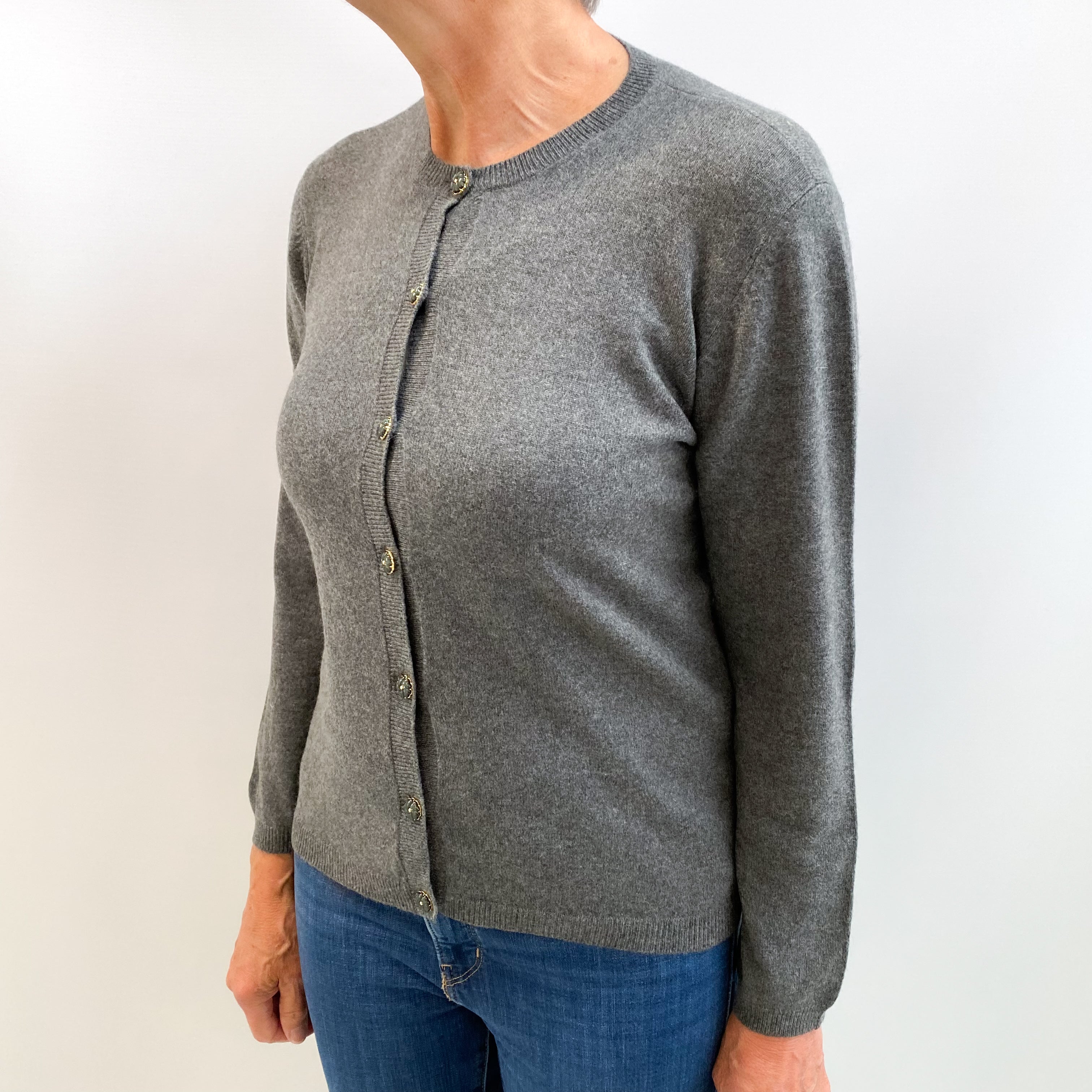 Slate Grey Cashmere Crew Neck Cardigan Medium