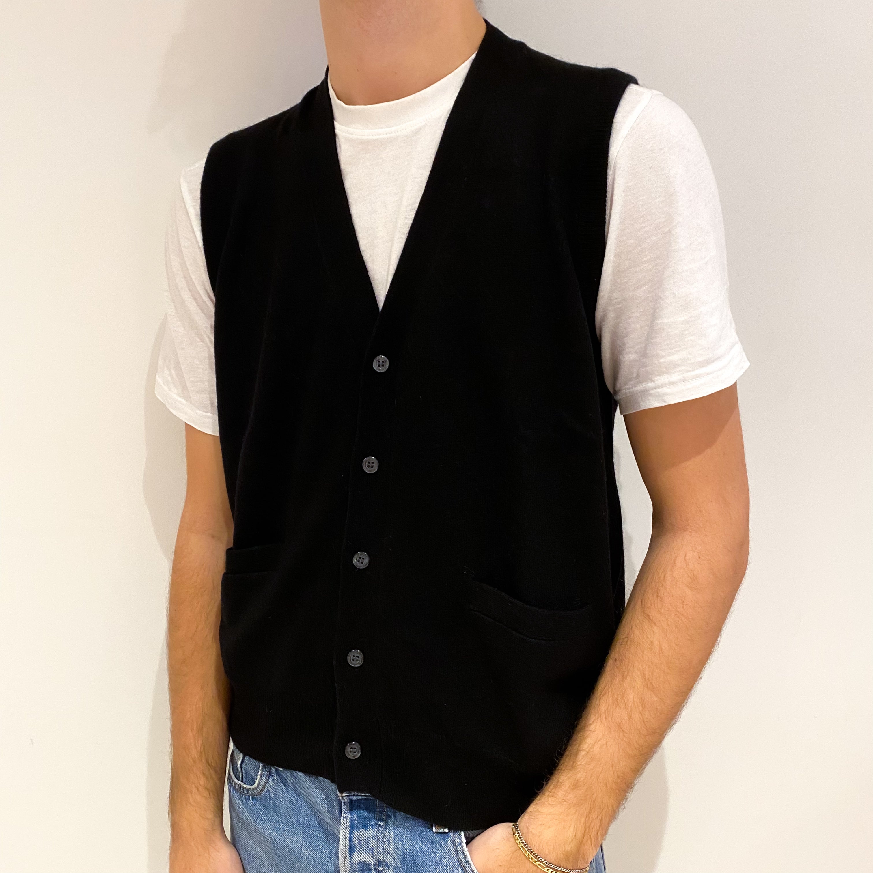Men's Black Cashmere V Neck Gilet with Pockets Large