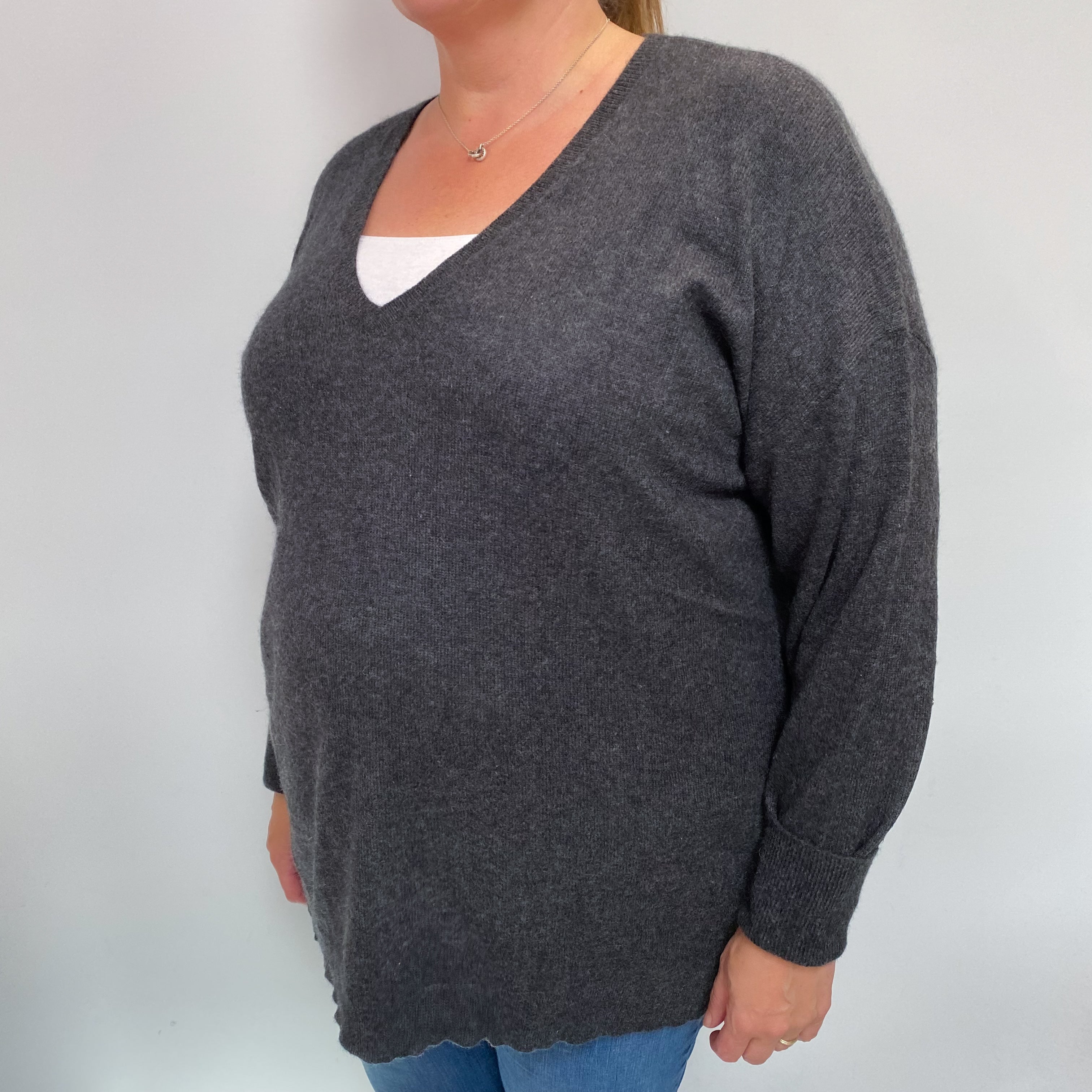 Slate Grey Cashmere V Neck Jumper 3XL