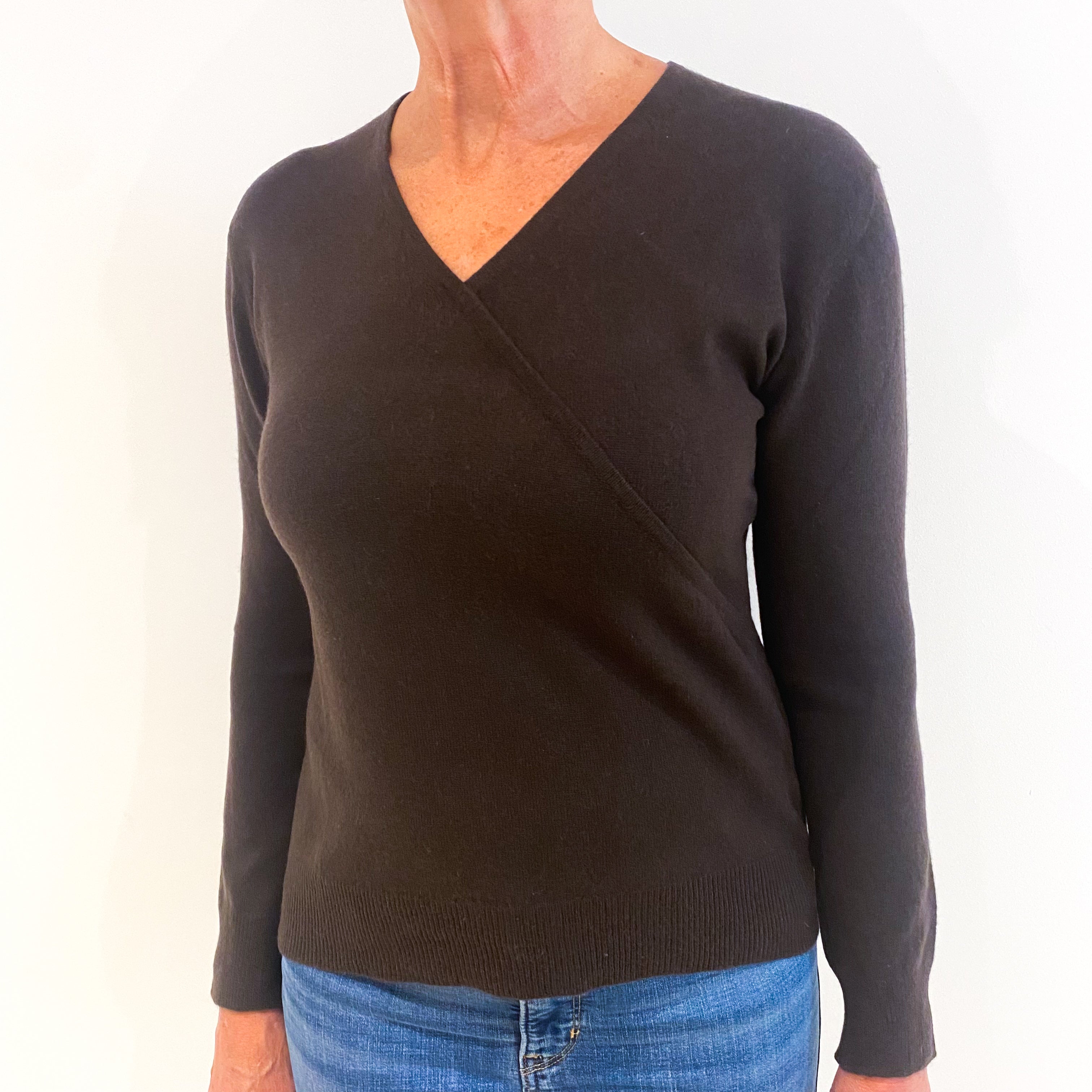 Peppercorn Brown Crossover Effect Cashmere V-Neck Jumper Medium