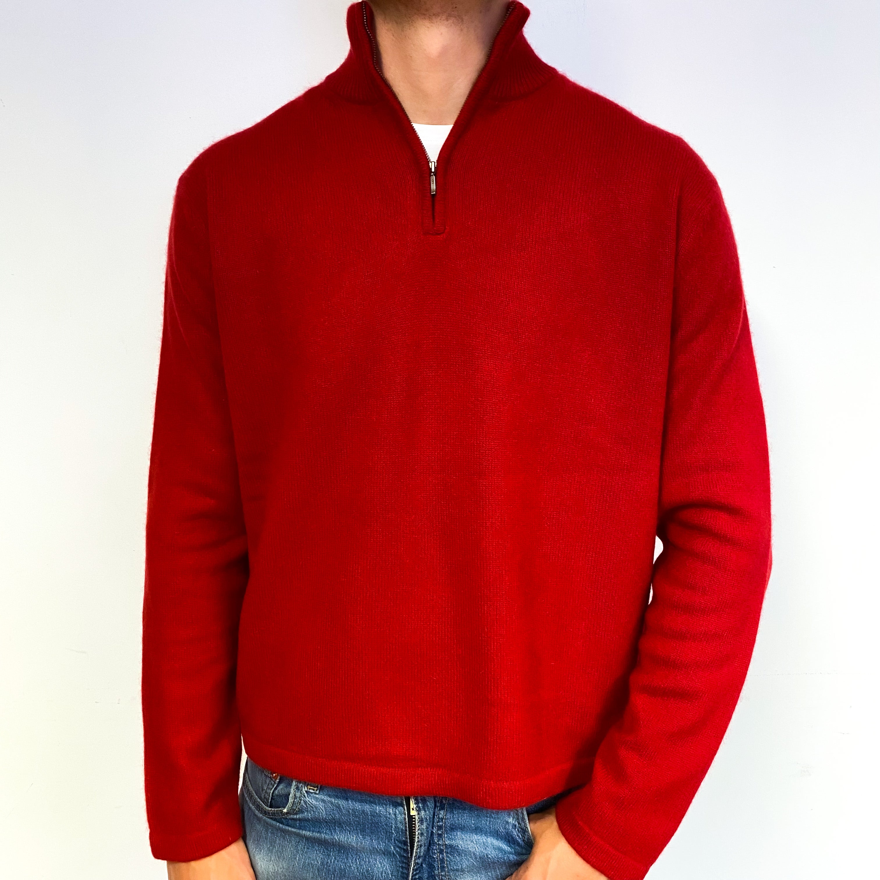 Men's Scarlett Red Cashmere Quarter Zip Jumper Extra Extra Large
