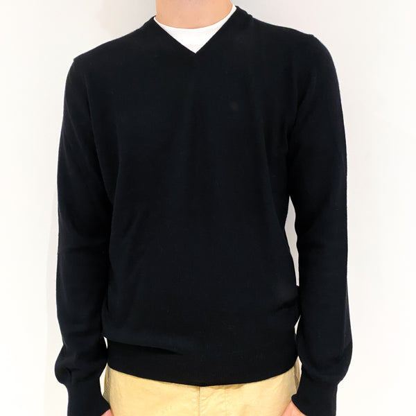 Men's Black Italian Cashmere V-Neck Jumper Large