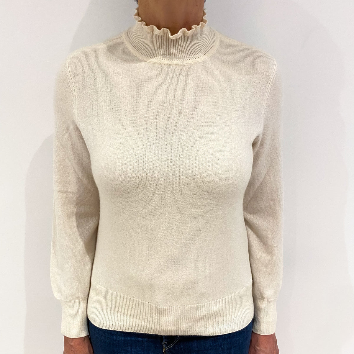 Ivory Cashmere Ruffle Trim Turtle Neck Jumper Medium