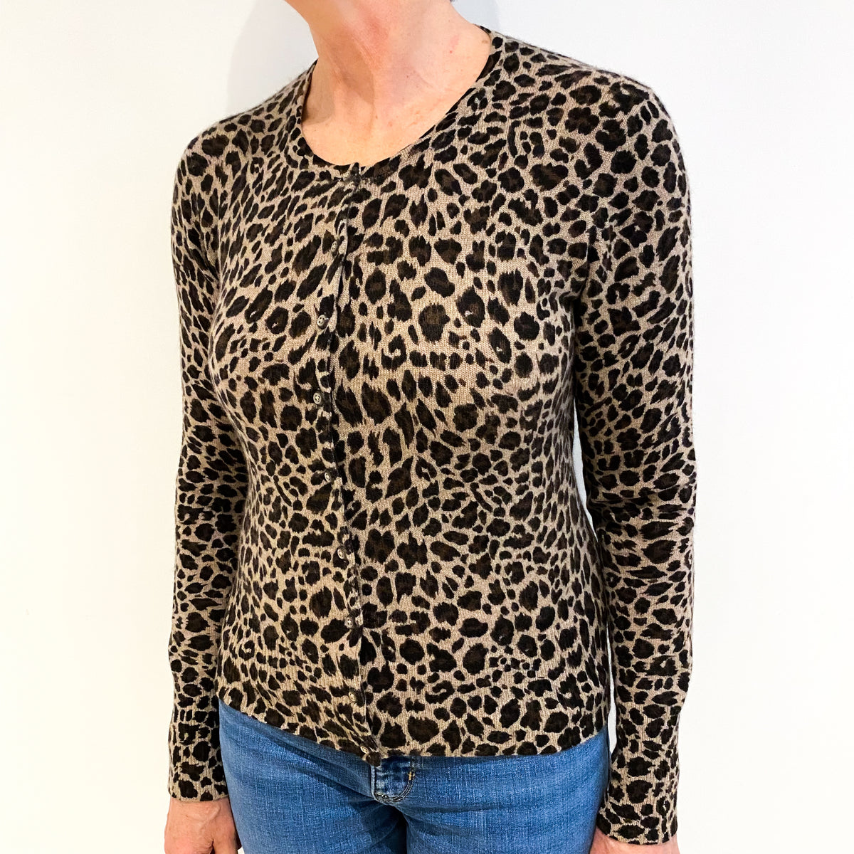 Brown Leopard Print Cashmere Crew Neck Cardigan Medium