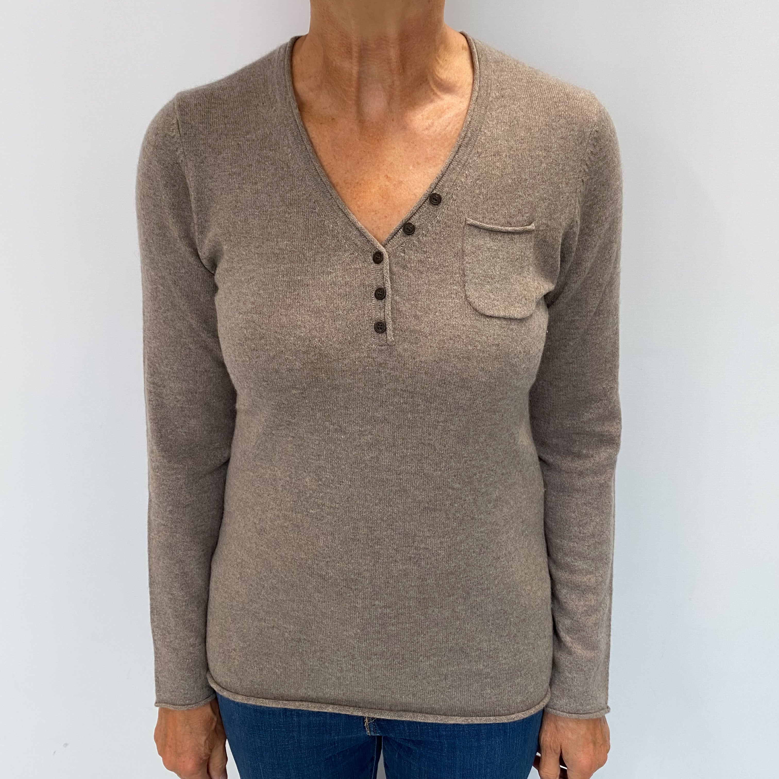 Mocha Brown Cashmere Button Up V Neck Jumper Medium