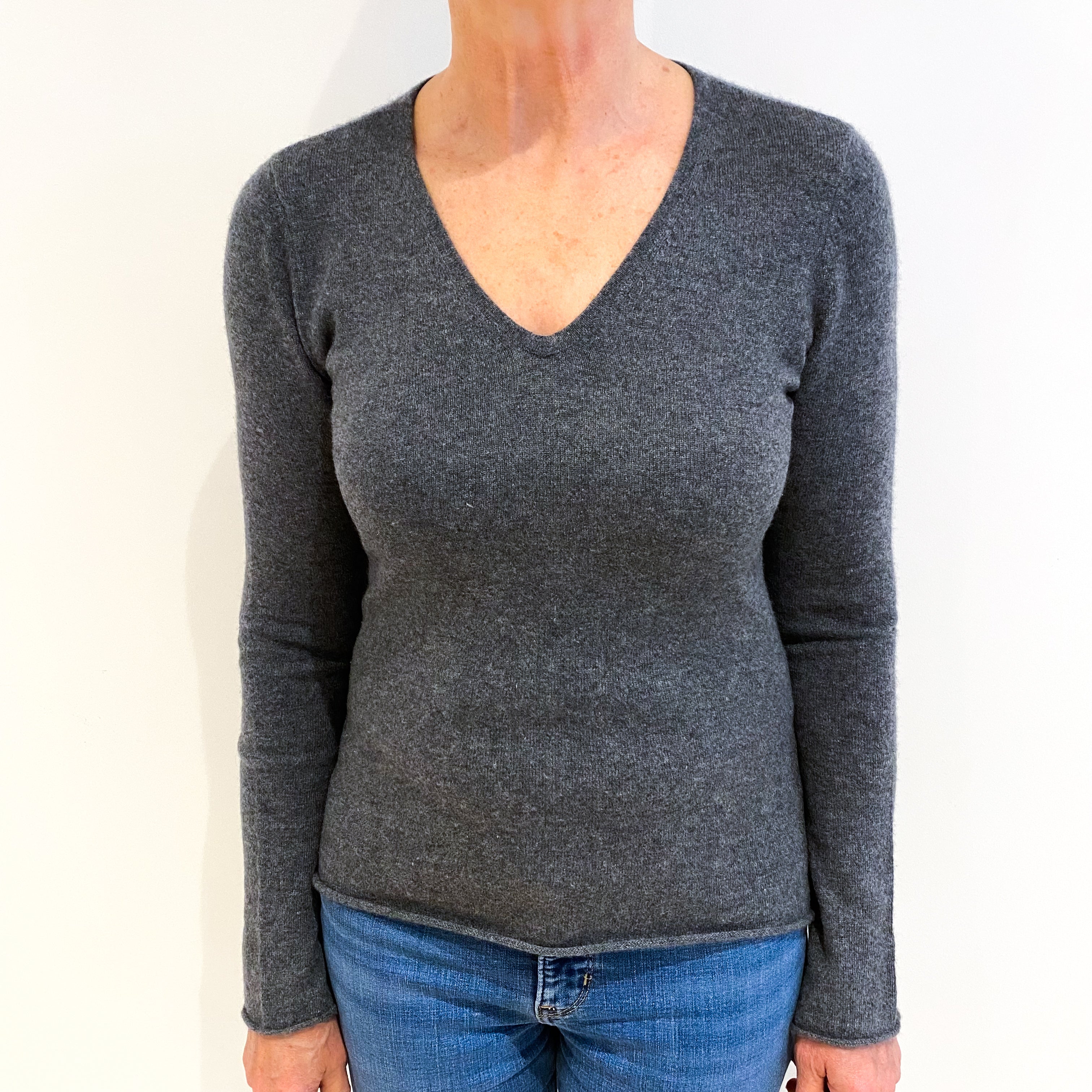 Slate Grey Cashmere V Neck Jumper With Flared Cuffs Medium