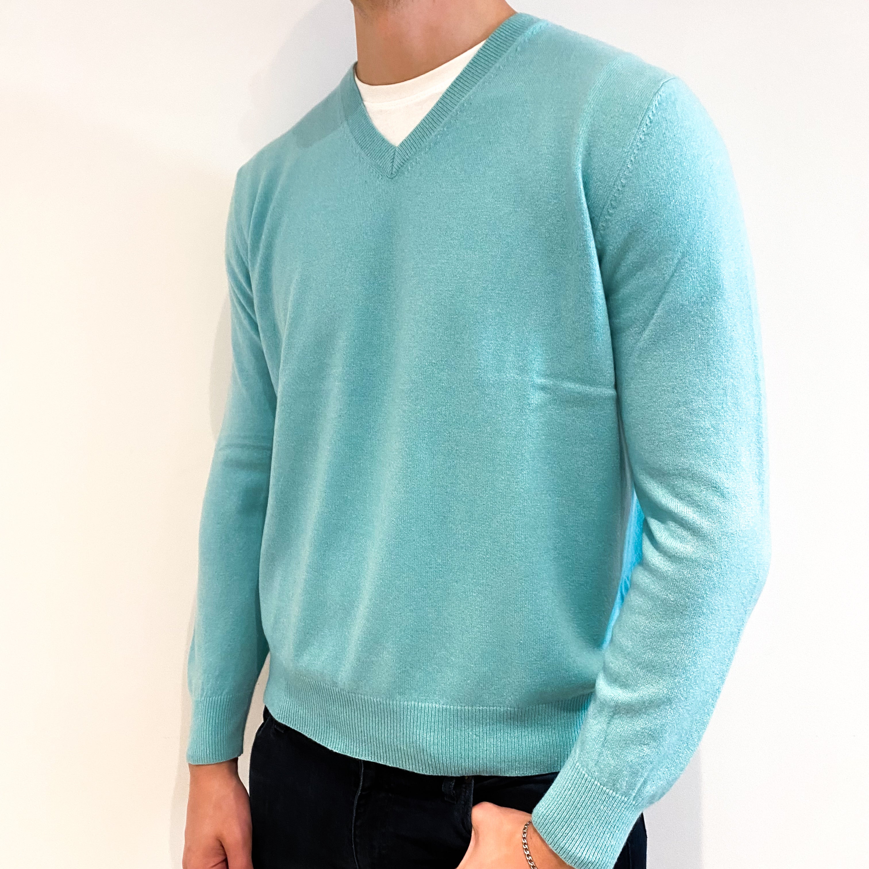 Men's Deep Mint Green Cashmere V-Neck Jumper Extra Large
